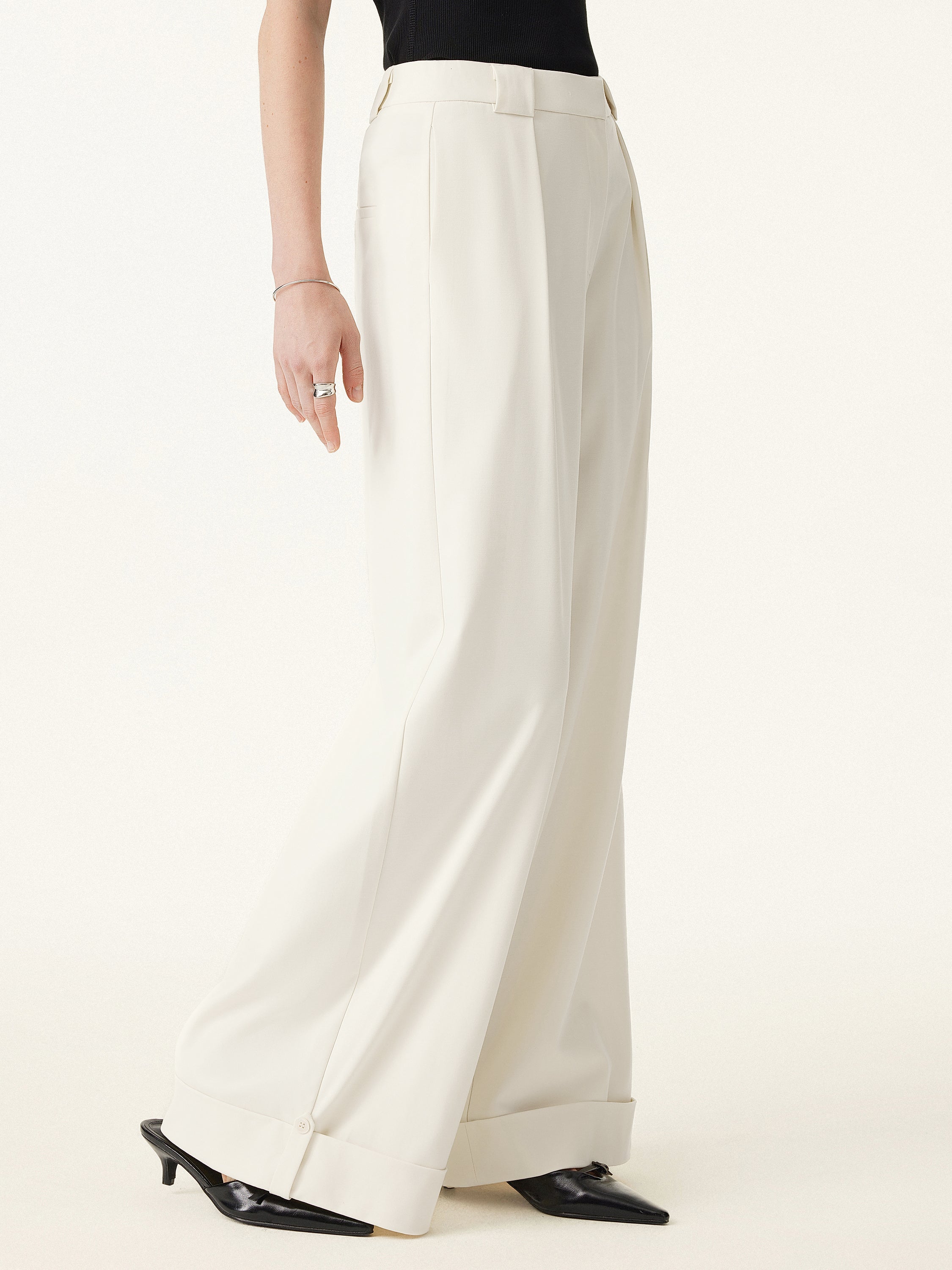 Bamboo Ponte Mid Rise Wide Leg Trouser with Fold-up Hem