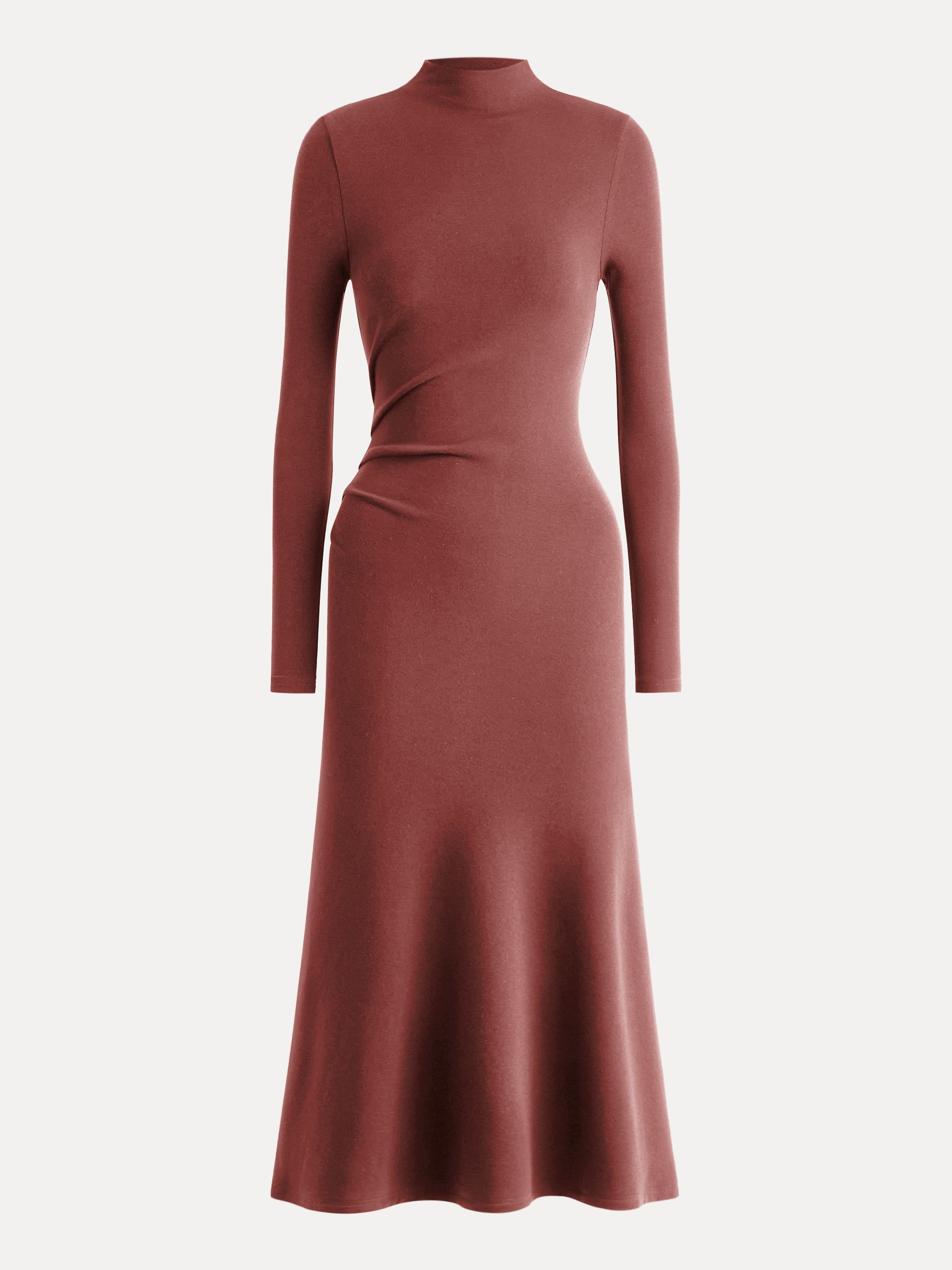 Heat-Tech Long Sleeves Mockneck Tucks Midi Dress