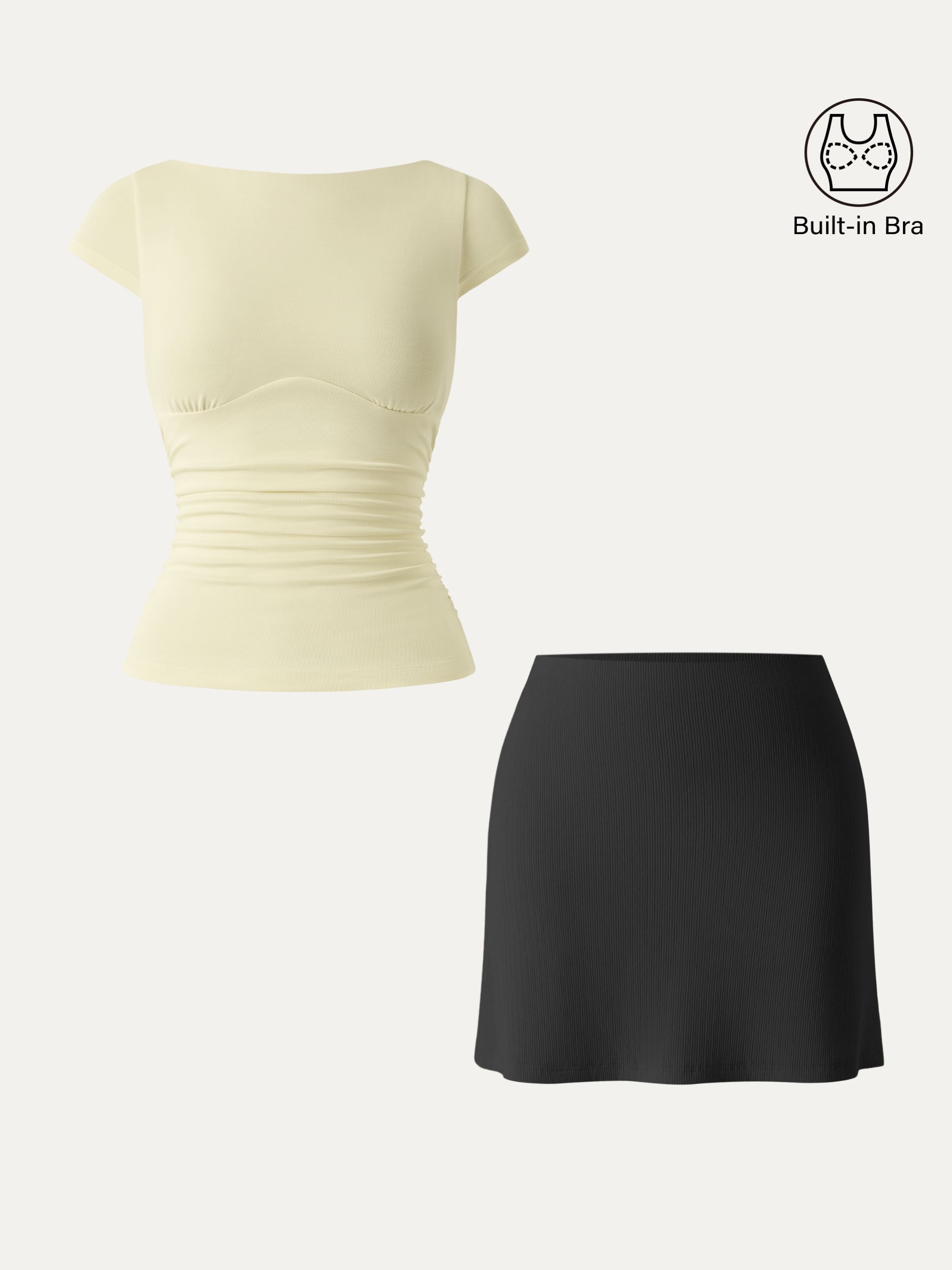 2Pcs Set Sandwashed Boatneck Cap Sleeve Brami & A-line Mini Skirt with Built-in Shorts