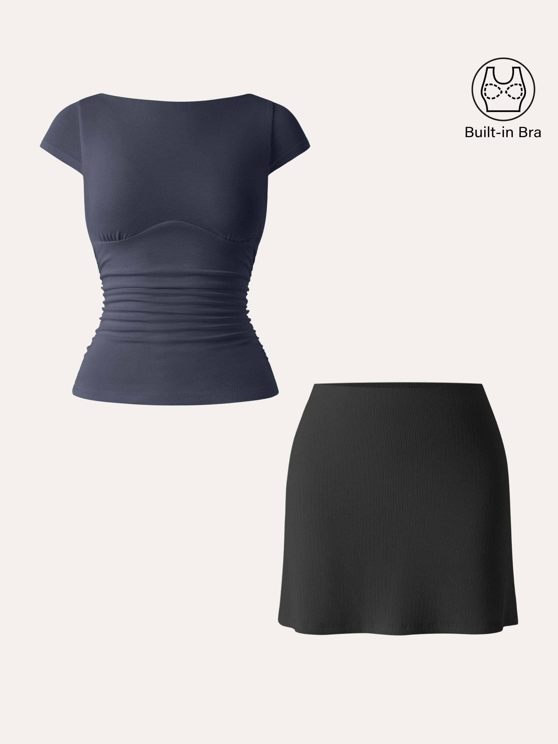 2Pcs Set Sandwashed Boatneck Cap Sleeve Brami & A-line Mini Skirt with Built-in Shorts