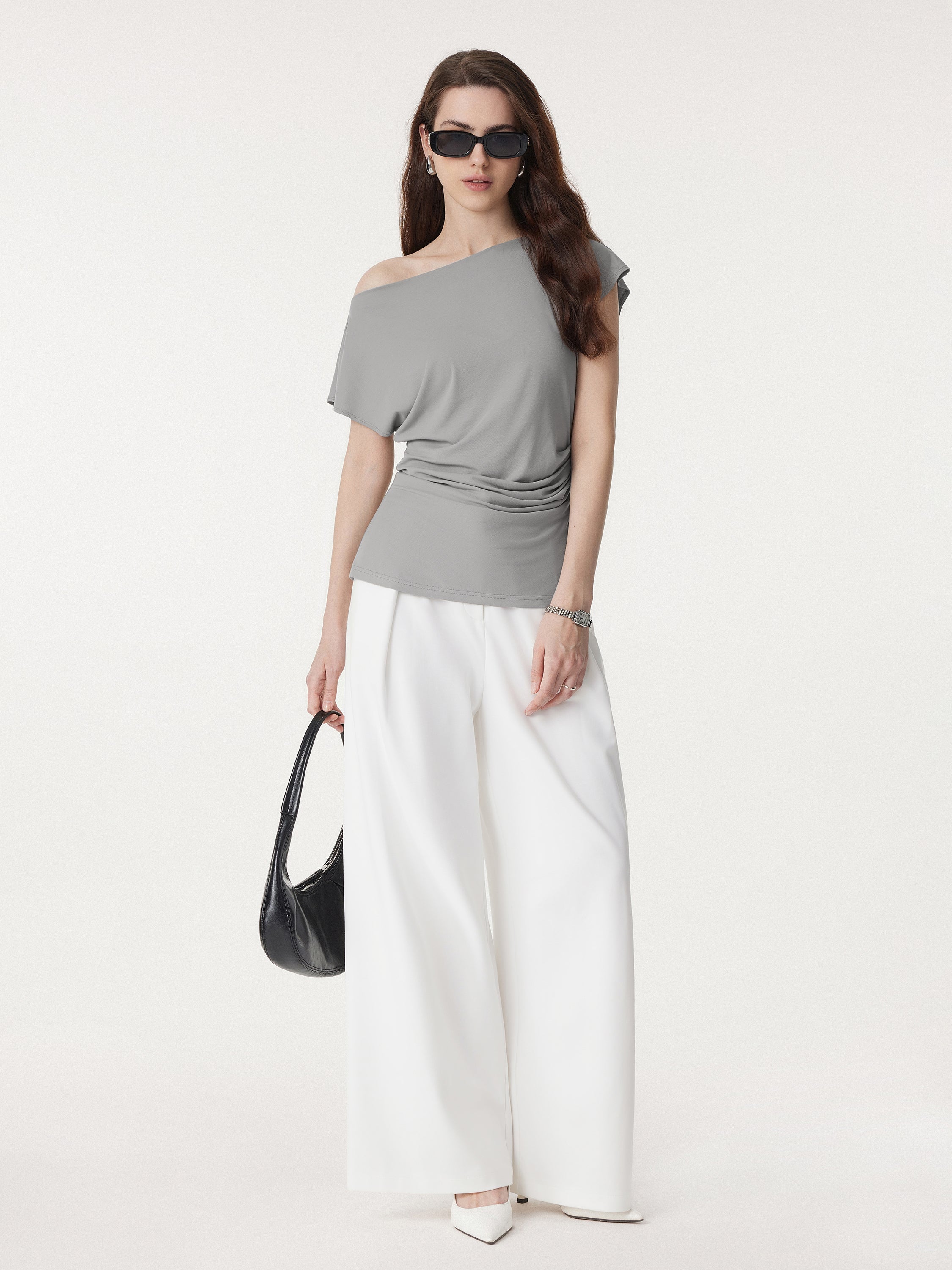 Boatneck Flutter Sleeve Side Tucked Long Tee