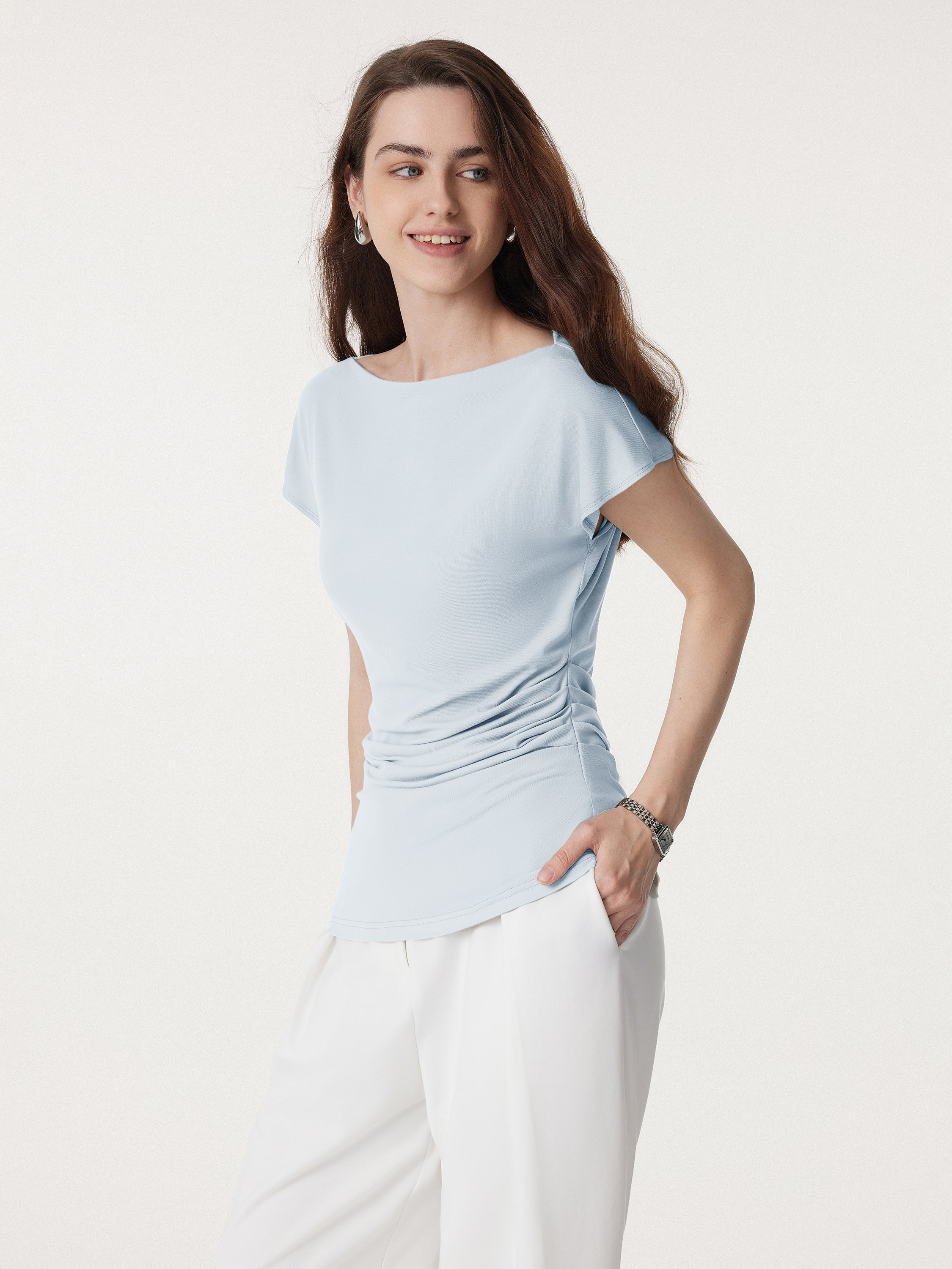 Boatneck Flutter Sleeve Side Tucked Long Tee