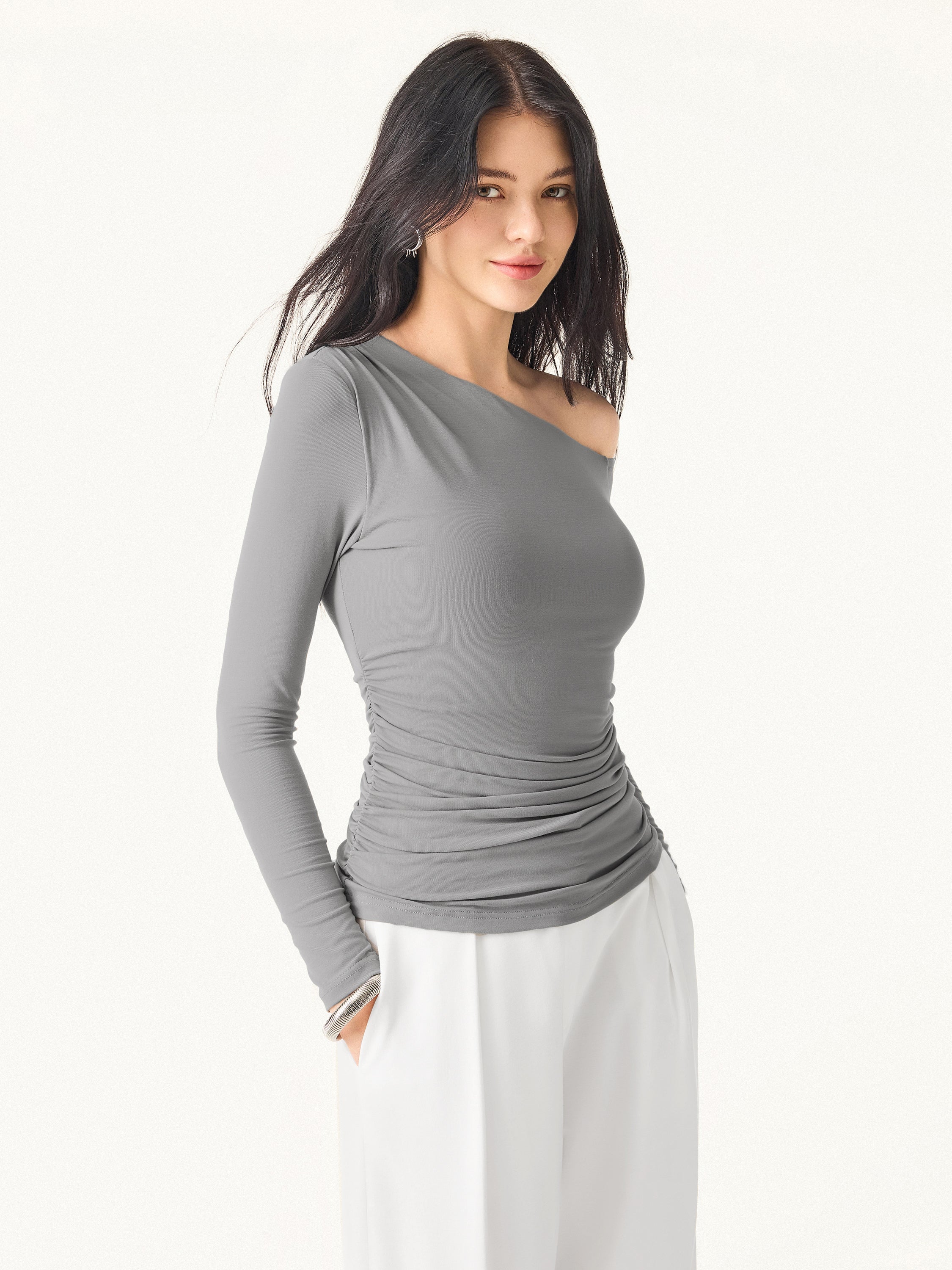 Asymmetrical Shoulders Long Sleeve Gathered Brami Top