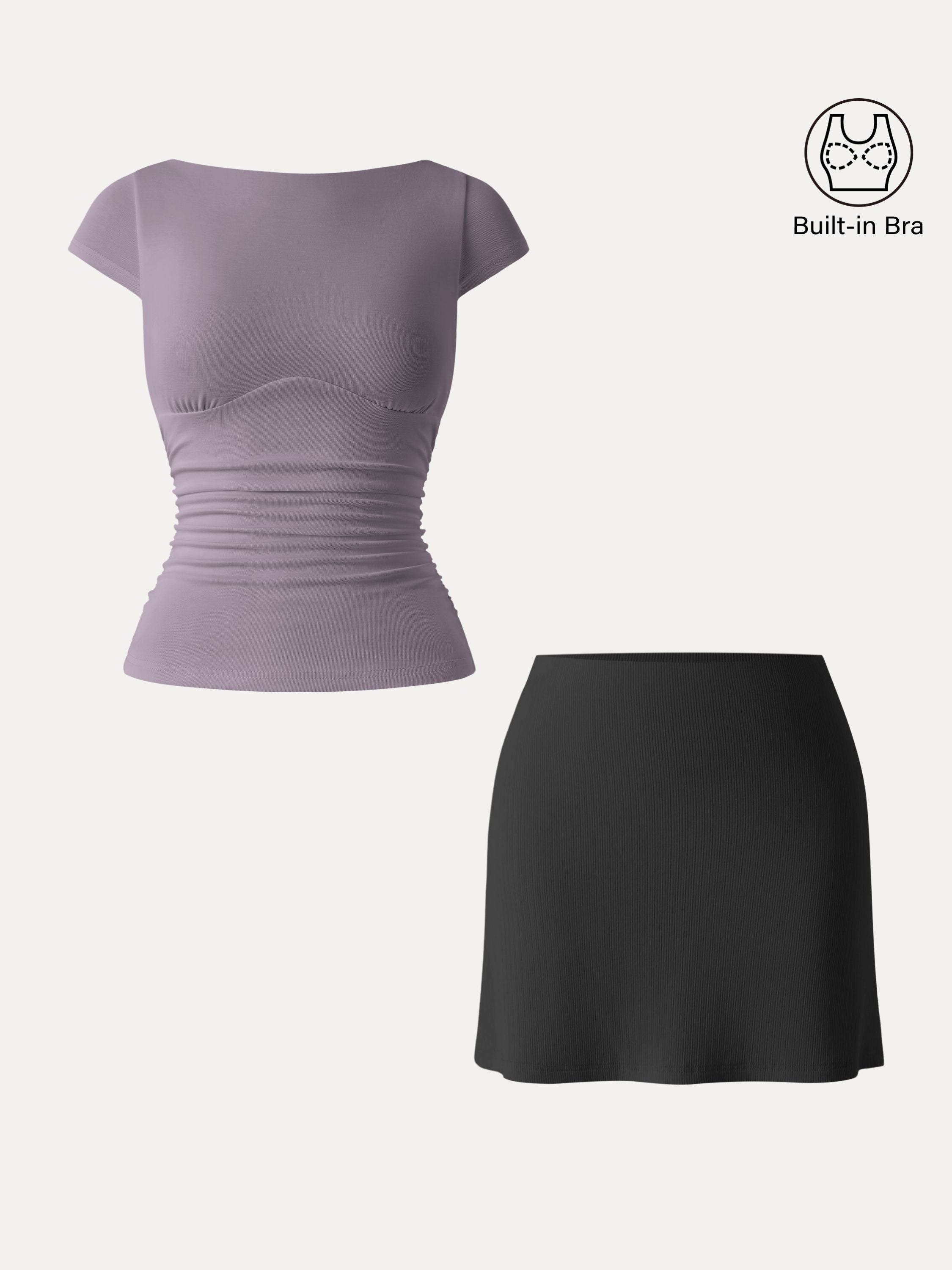 2Pcs Set Sandwashed Boatneck Cap Sleeve Brami & A-line Mini Skirt with Built-in Shorts