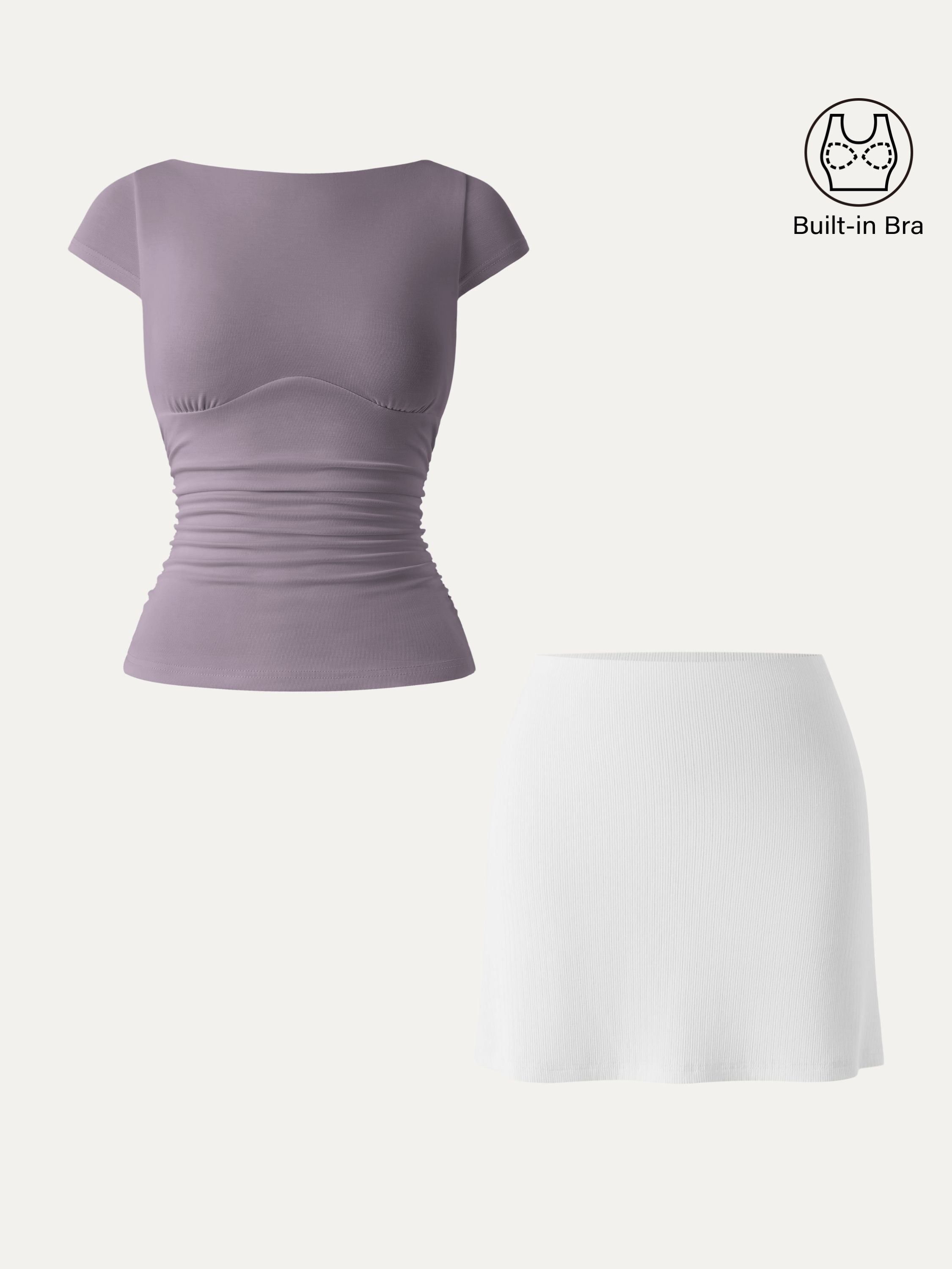 2Pcs Set Sandwashed Boatneck Cap Sleeve Brami & A-line Mini Skirt with Built-in Shorts