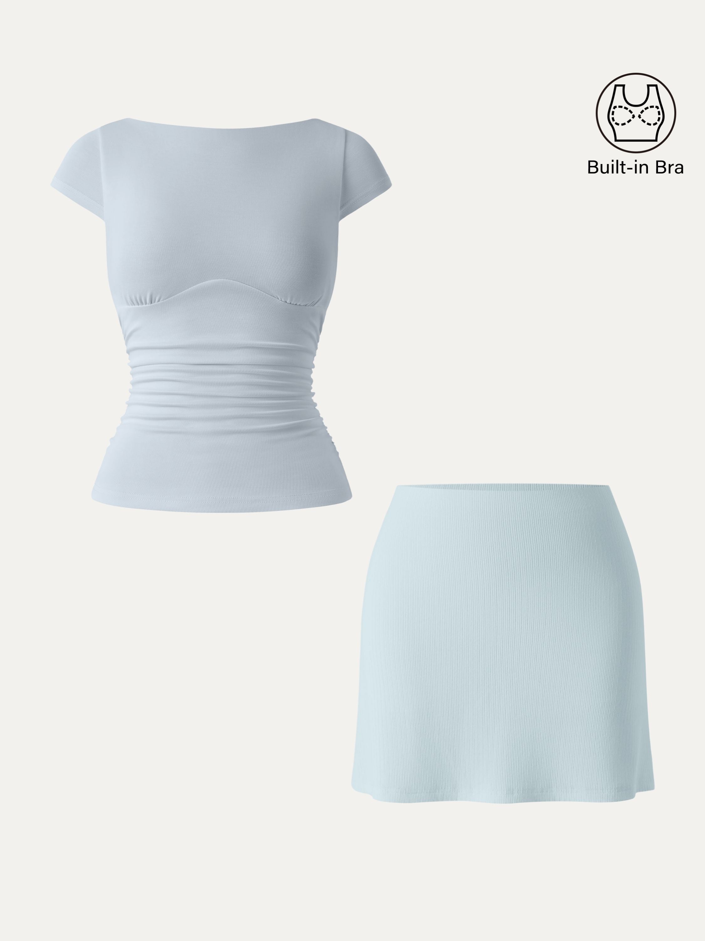 2Pcs Set Sandwashed Boatneck Cap Sleeve Brami & A-line Mini Skirt with Built-in Shorts