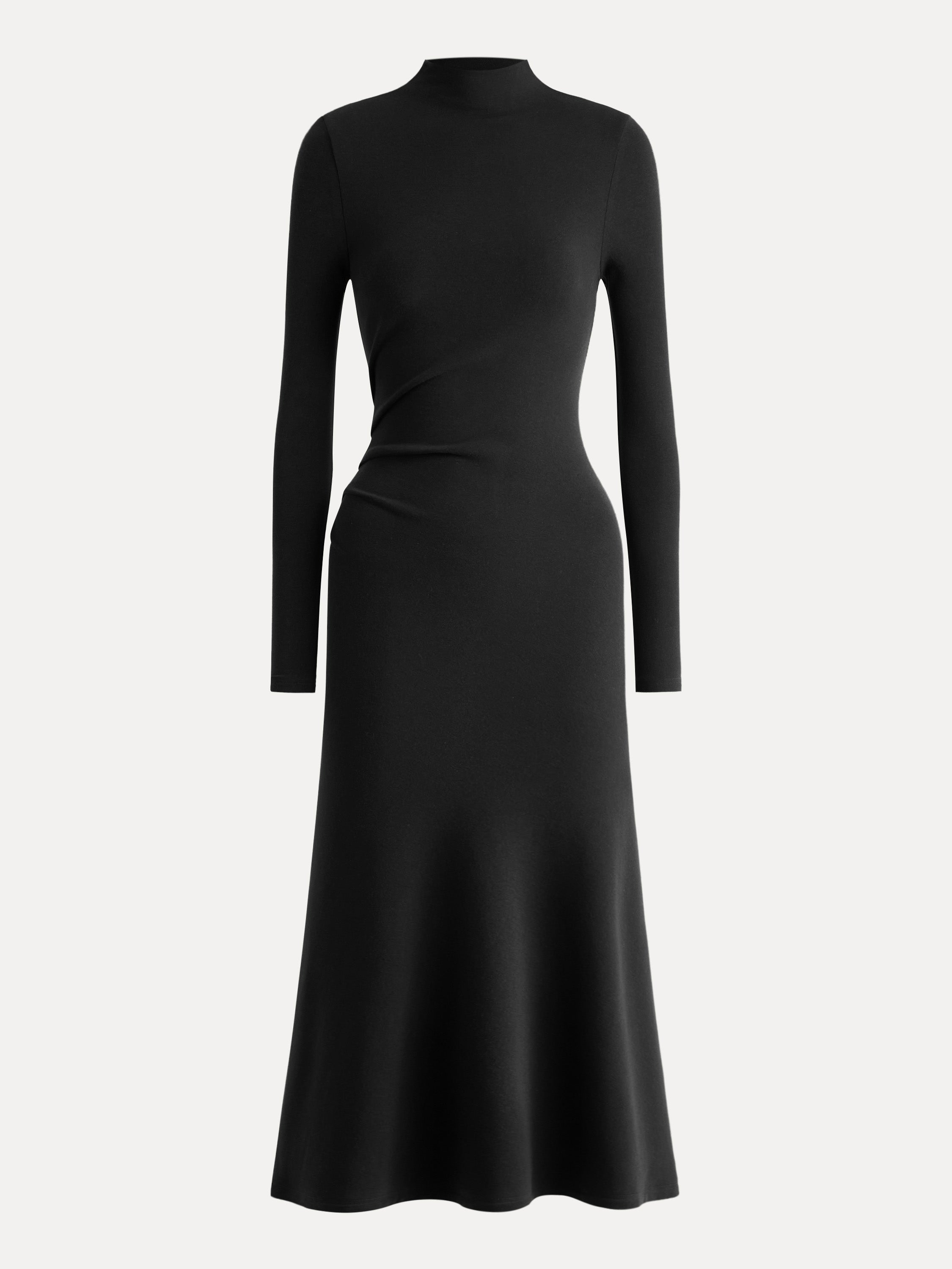 Heat-Tech Long Sleeves Mockneck Tucks Midi Dress