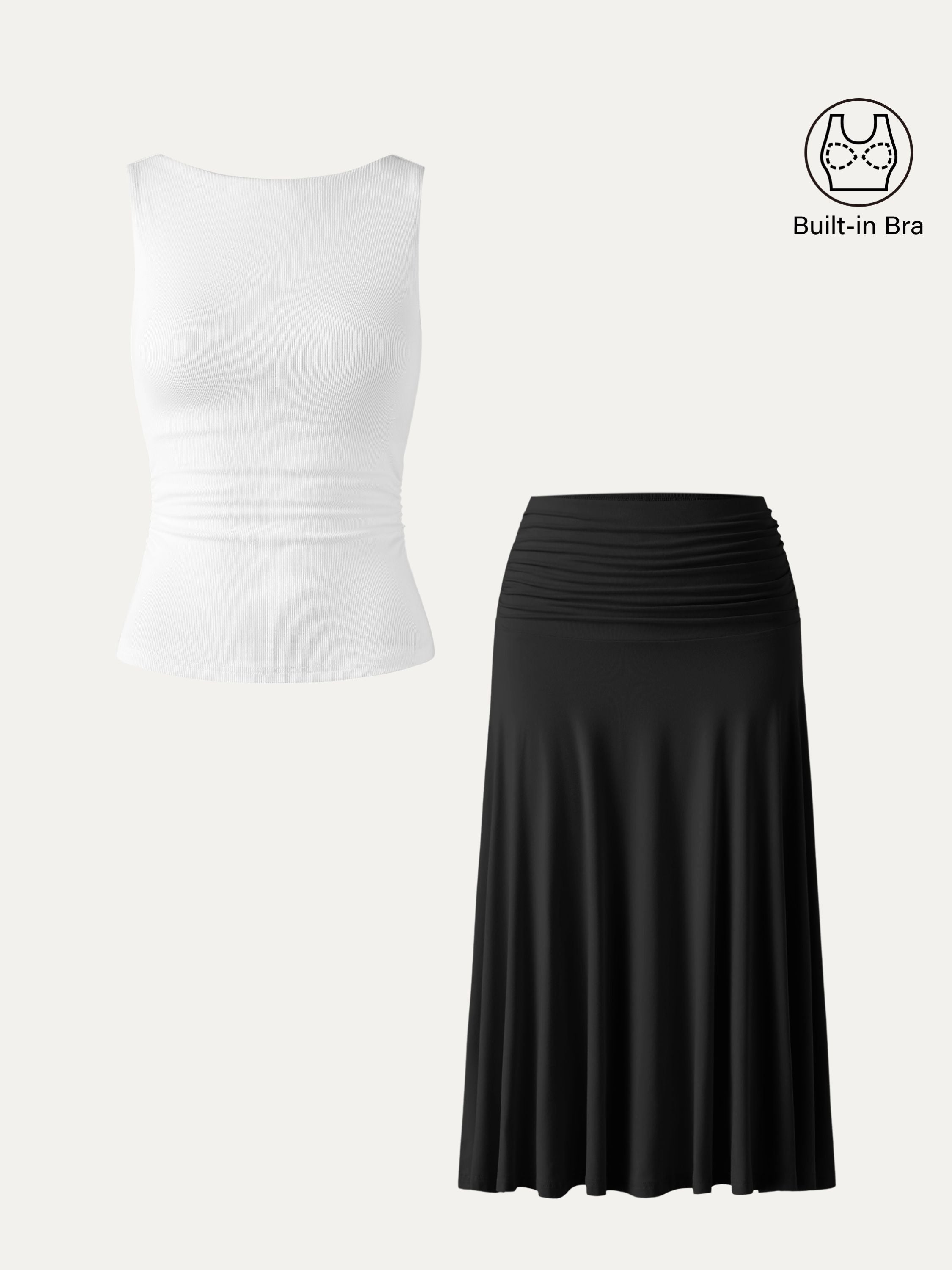 2Pcs Set Elastic Open Back Brami Tank & Flowy Side Ruched A-line Midi Skirt