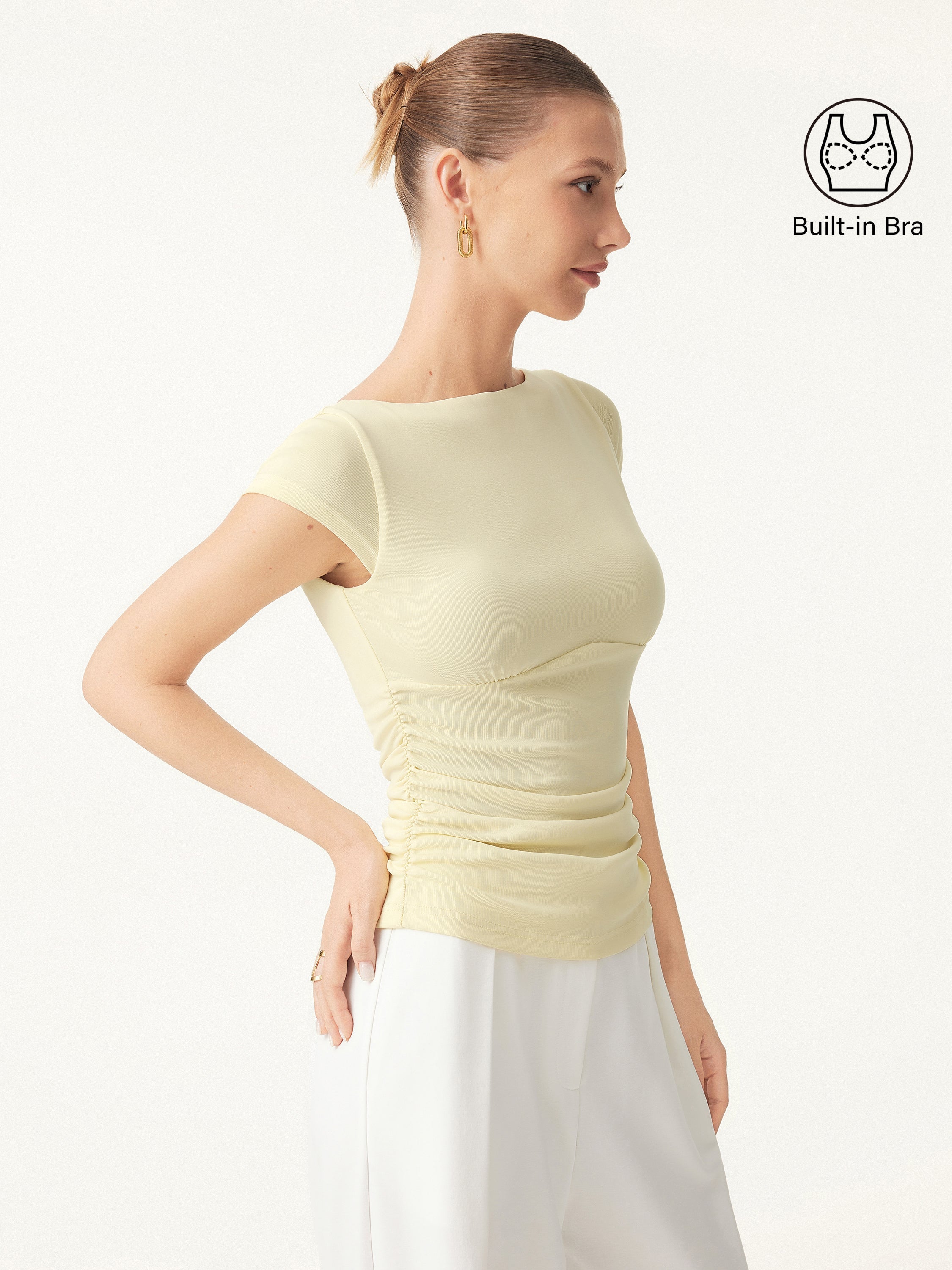2Pcs Set Sandwashed Boatneck Cap Sleeve Brami & A-line Mini Skirt with Built-in Shorts