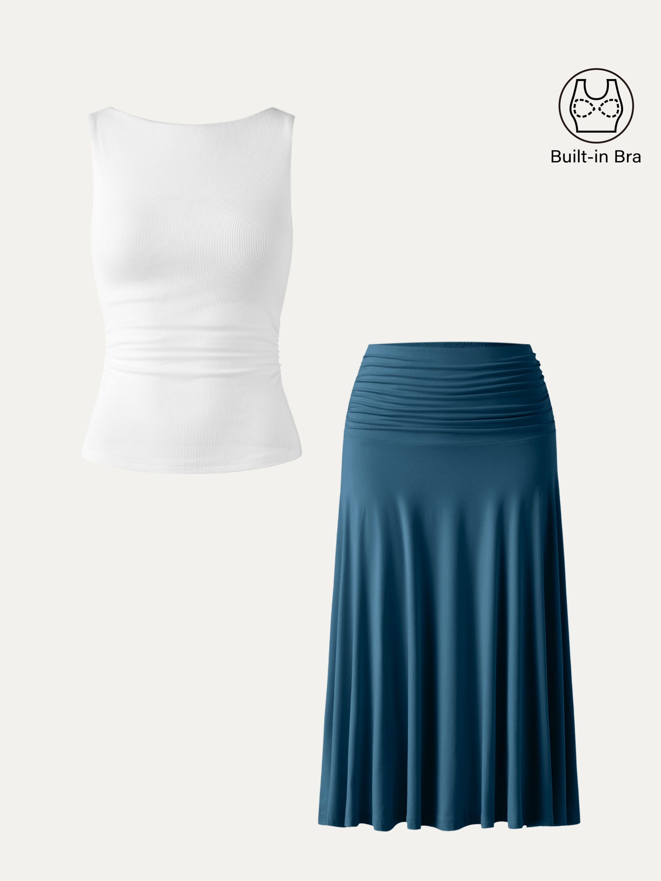 2Pcs Set Elastic Open Back Brami Tank & Flowy Side Ruched A-line Midi Skirt
