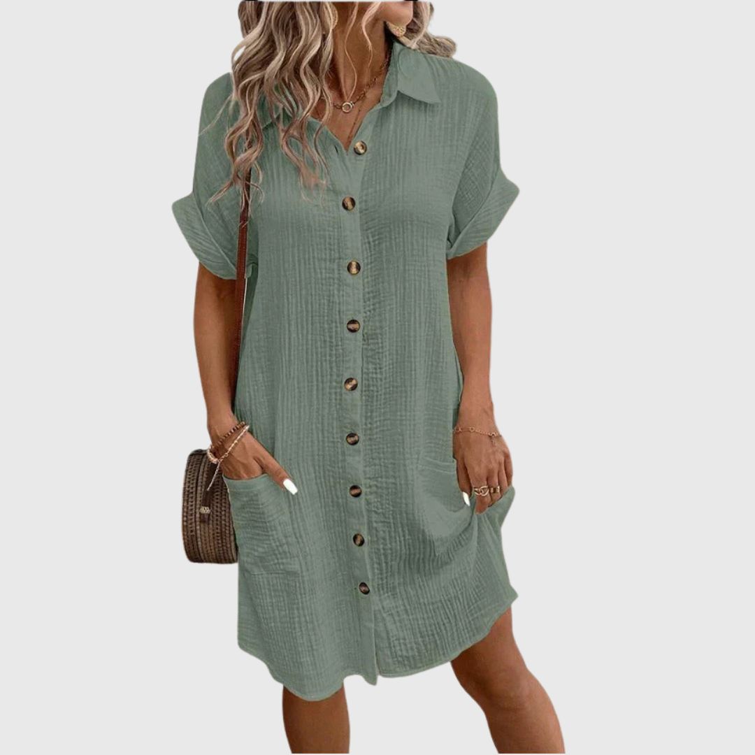 Susan - Casual White Summer Dress with Buttons and Pockets