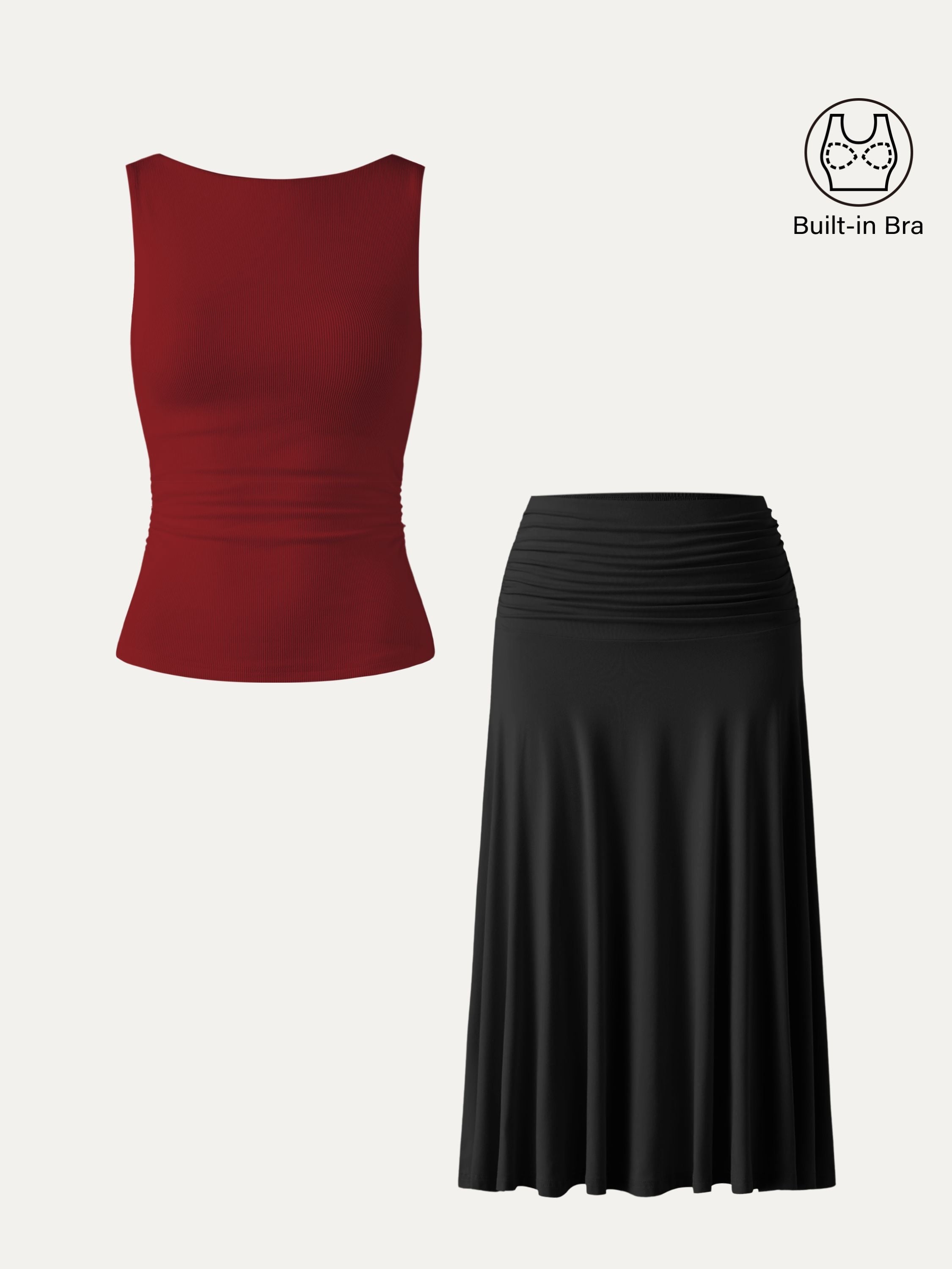 2Pcs Set Elastic Open Back Brami Tank & Flowy Side Ruched A-line Midi Skirt