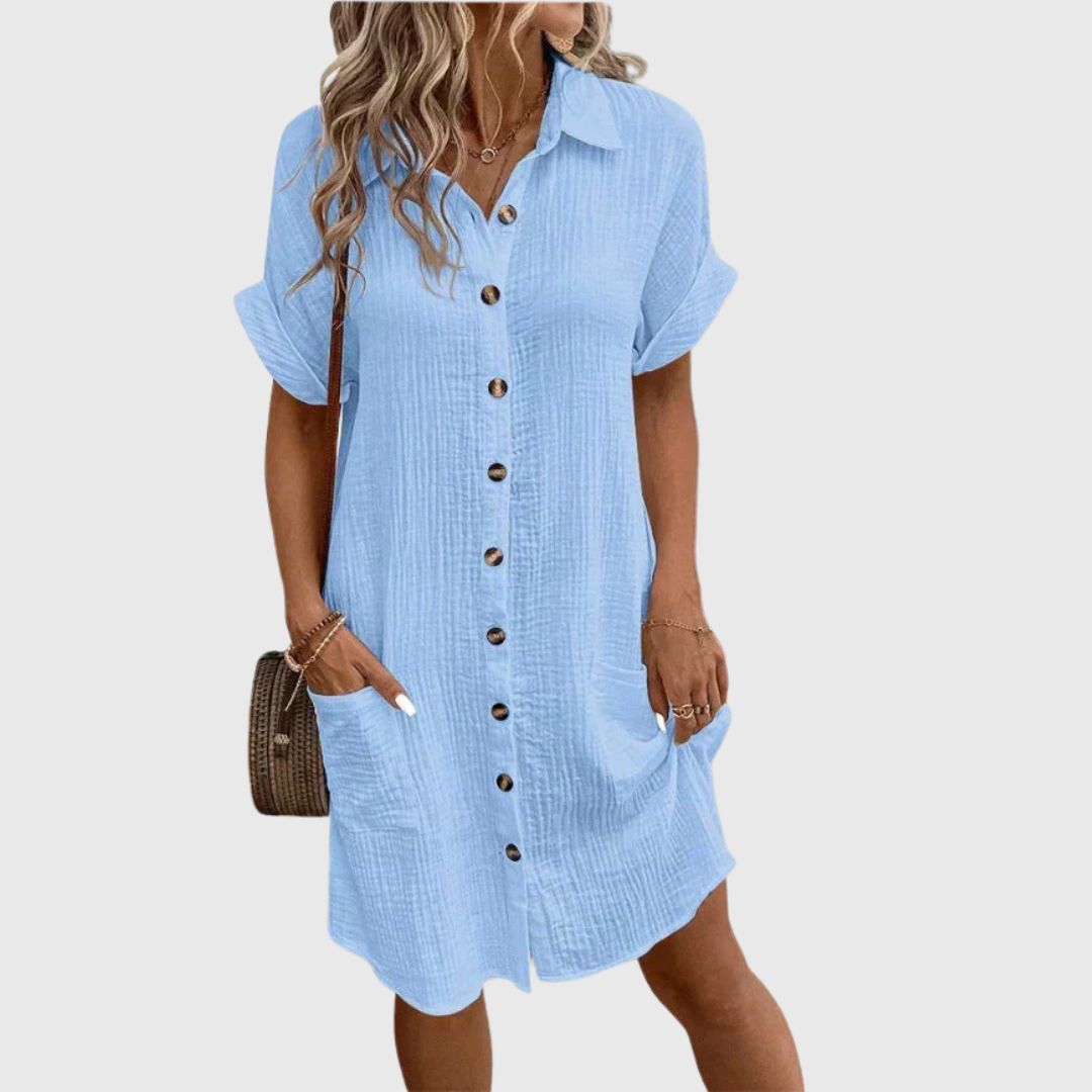 Susan - Casual White Summer Dress with Buttons and Pockets