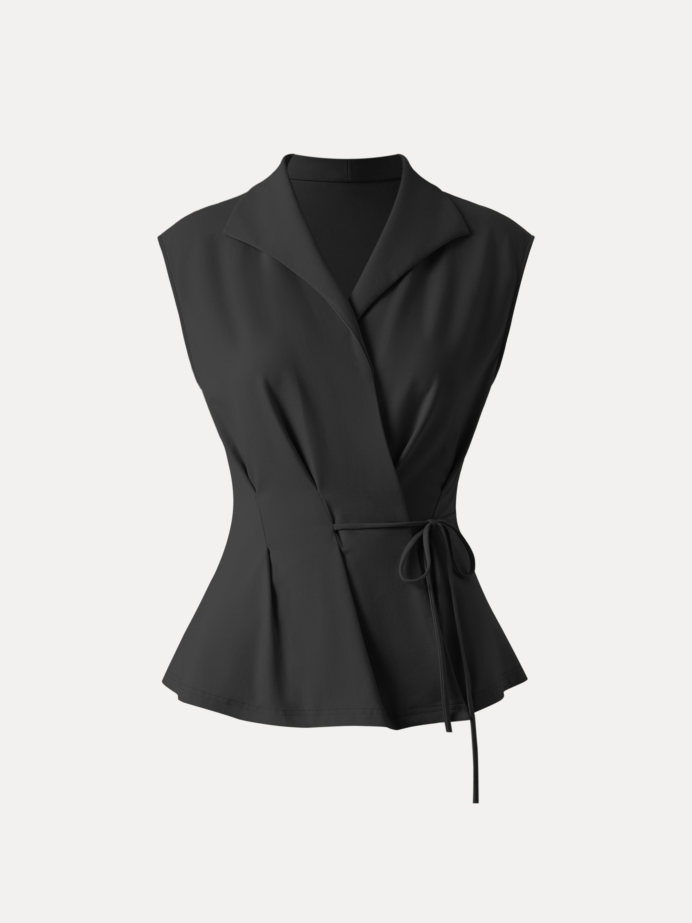 Icy Ponte Flap Collar Surplice Sleeveless Top with Drawstring Tie