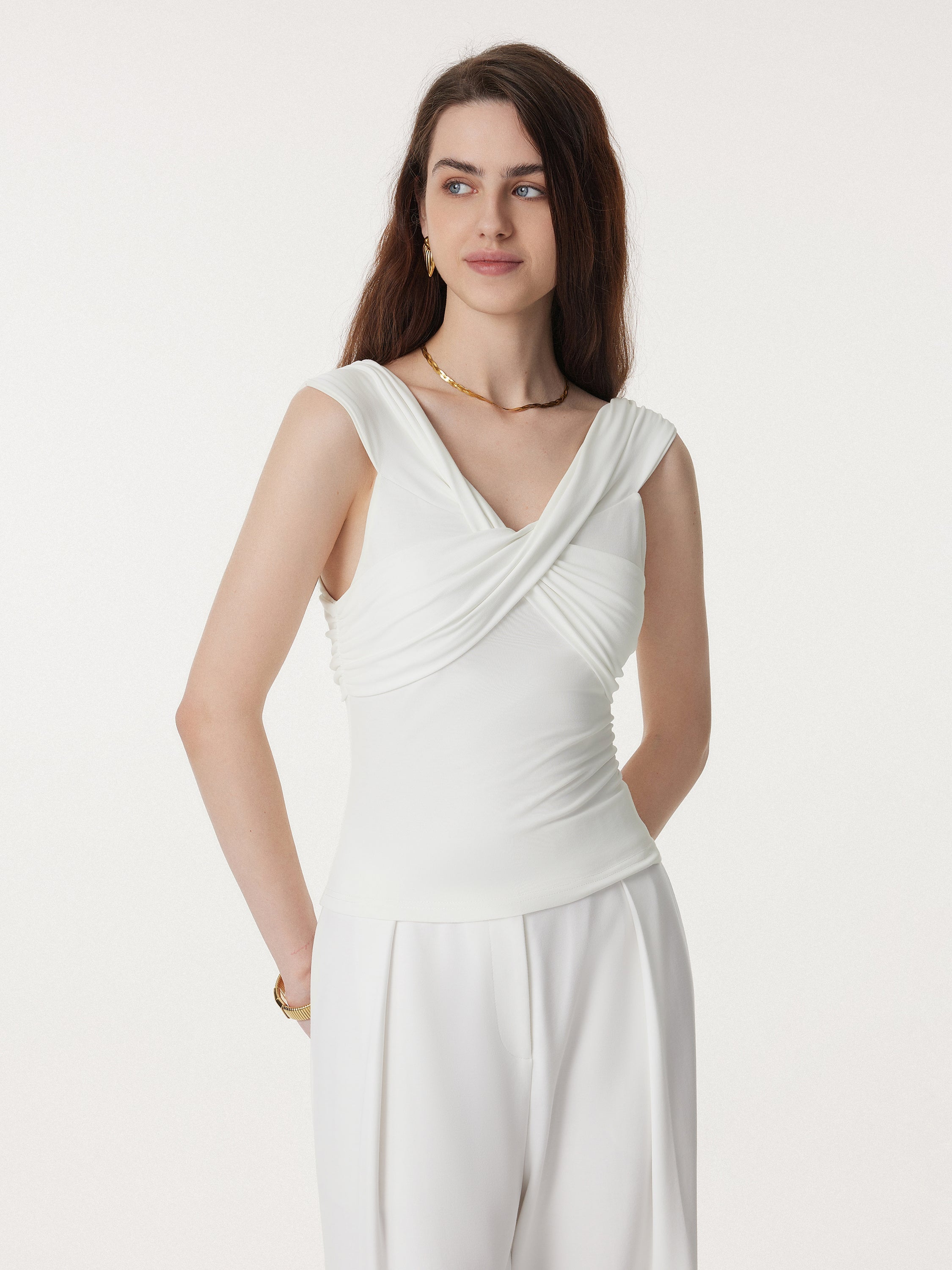 2Pcs Set Criss Cross Off Shoulder Brami & Mid Rise Pleated Trouser with Pockets