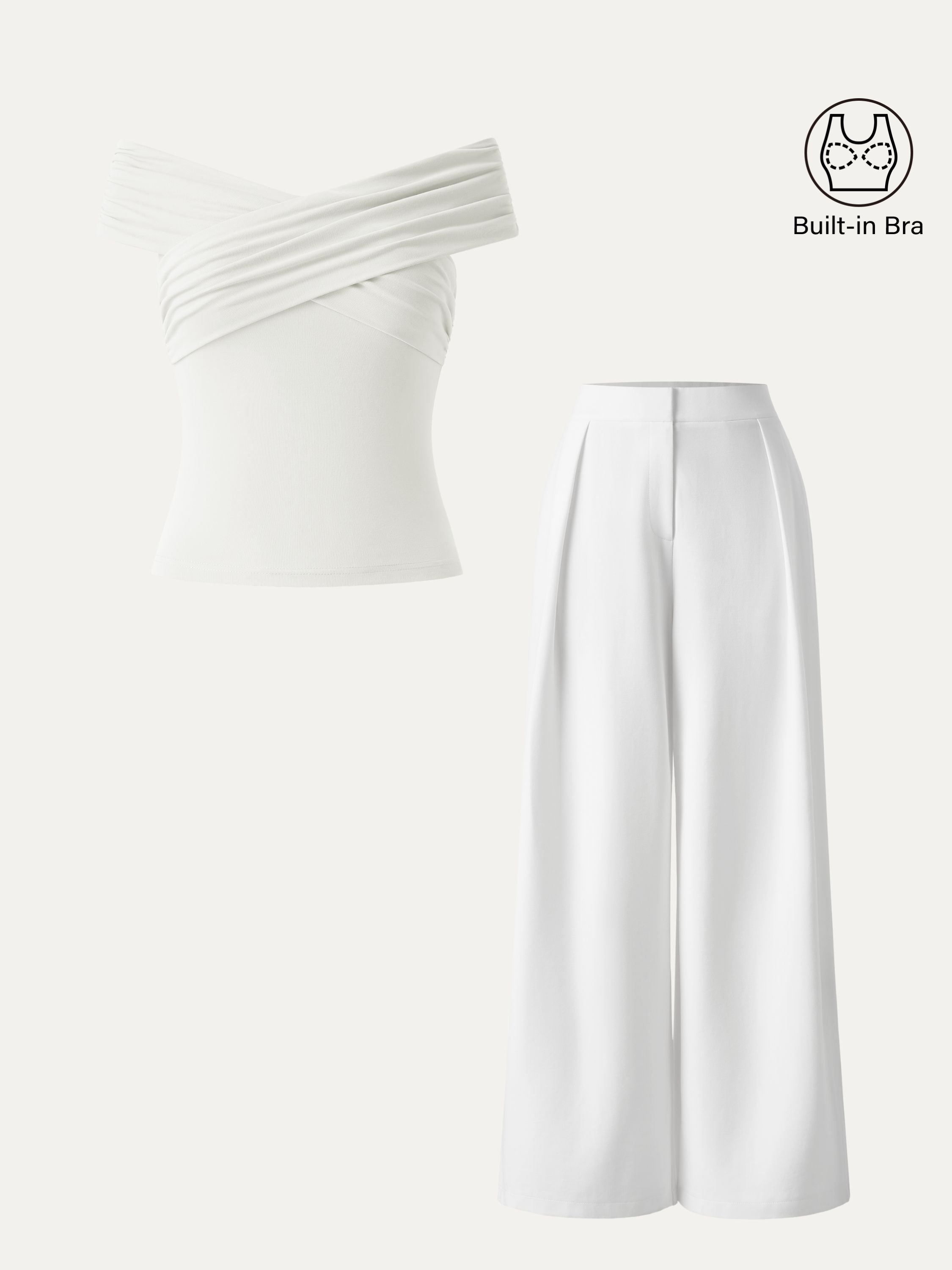 2Pcs Set Criss Cross Off Shoulder Brami & Mid Rise Pleated Trouser with Pockets