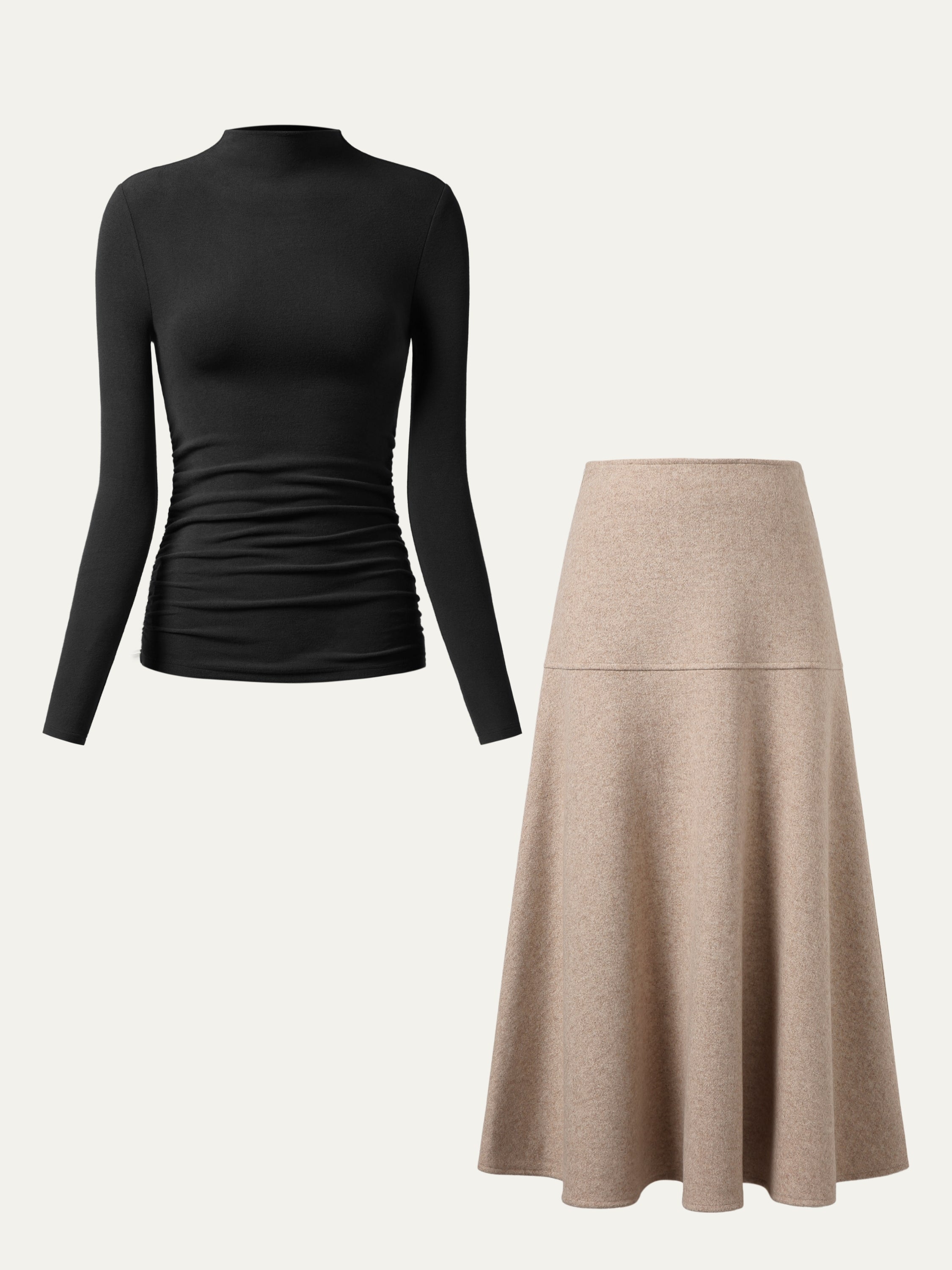 2Pcs Set Ruched Sides Tuckable Mockneck Top & Flared Maxi Skirt