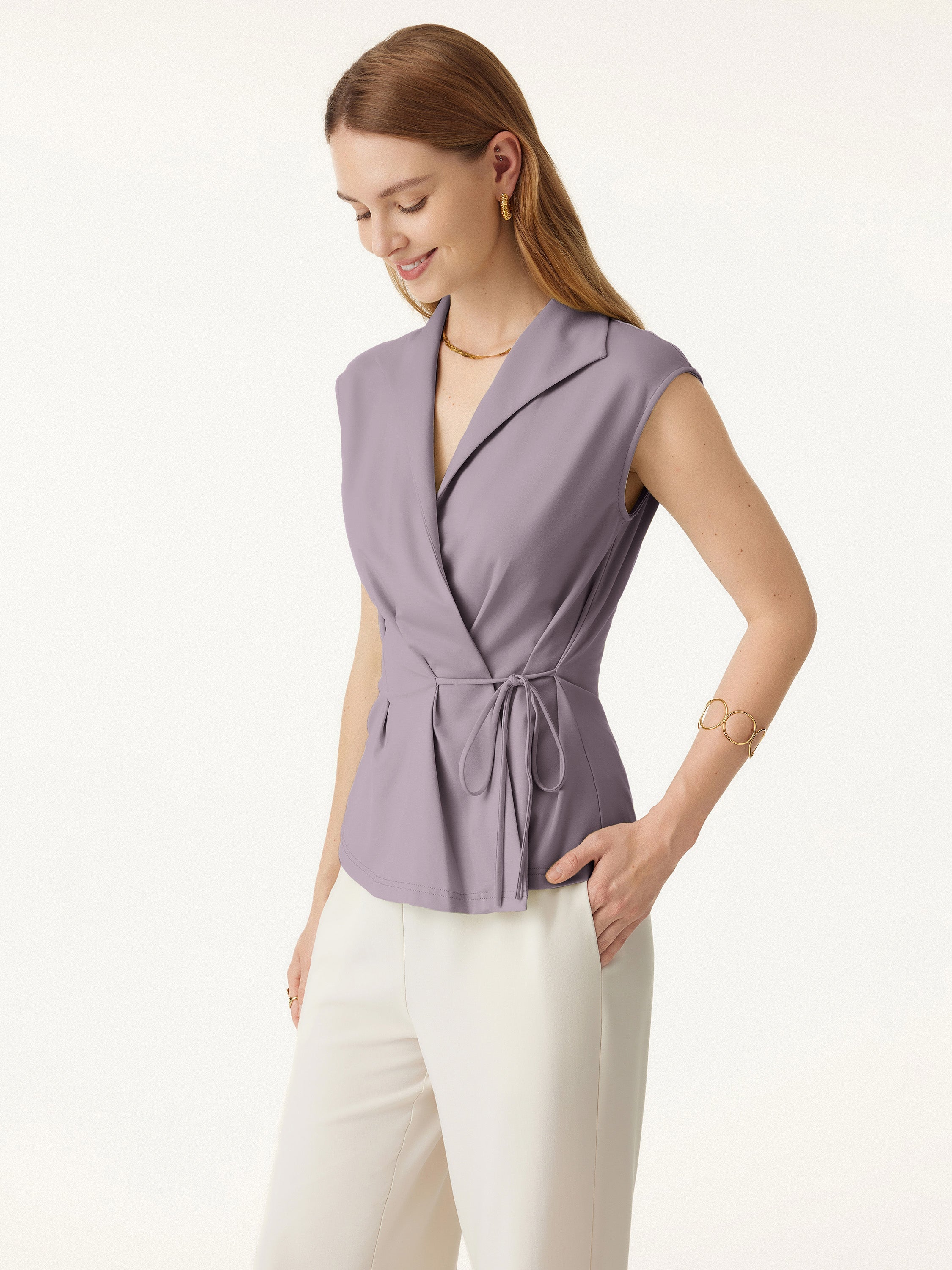 Icy Ponte Flap Collar Surplice Sleeveless Top with Drawstring Tie