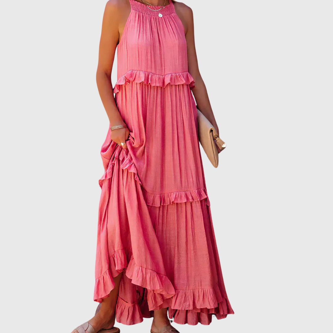 Daphne – Flowy Midi Dress with Soft Neckline Detail