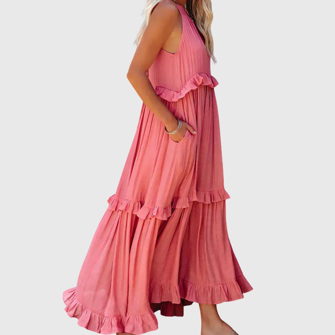 Daphne – Flowy Midi Dress with Soft Neckline Detail