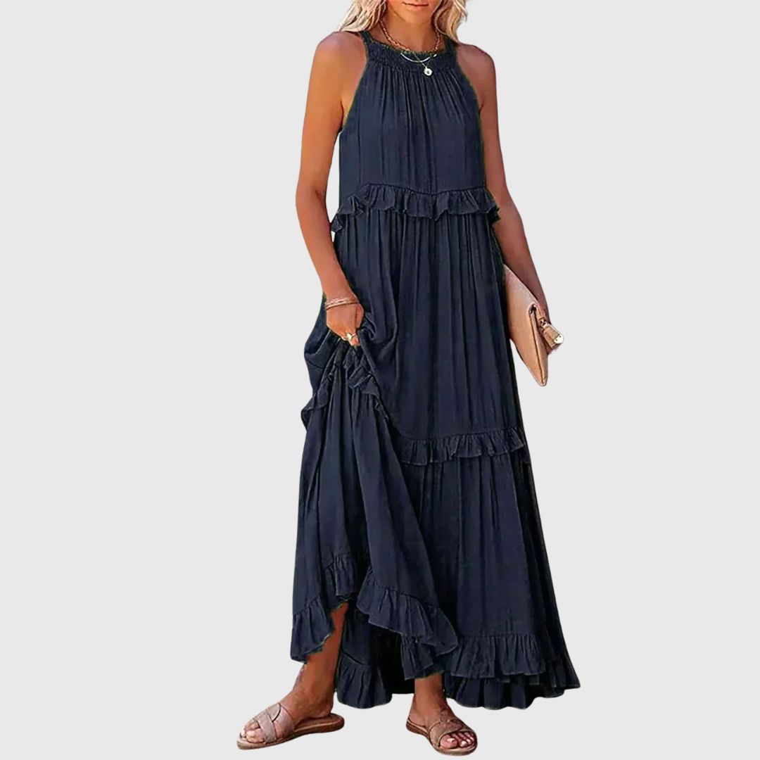 Daphne – Flowy Midi Dress with Soft Neckline Detail