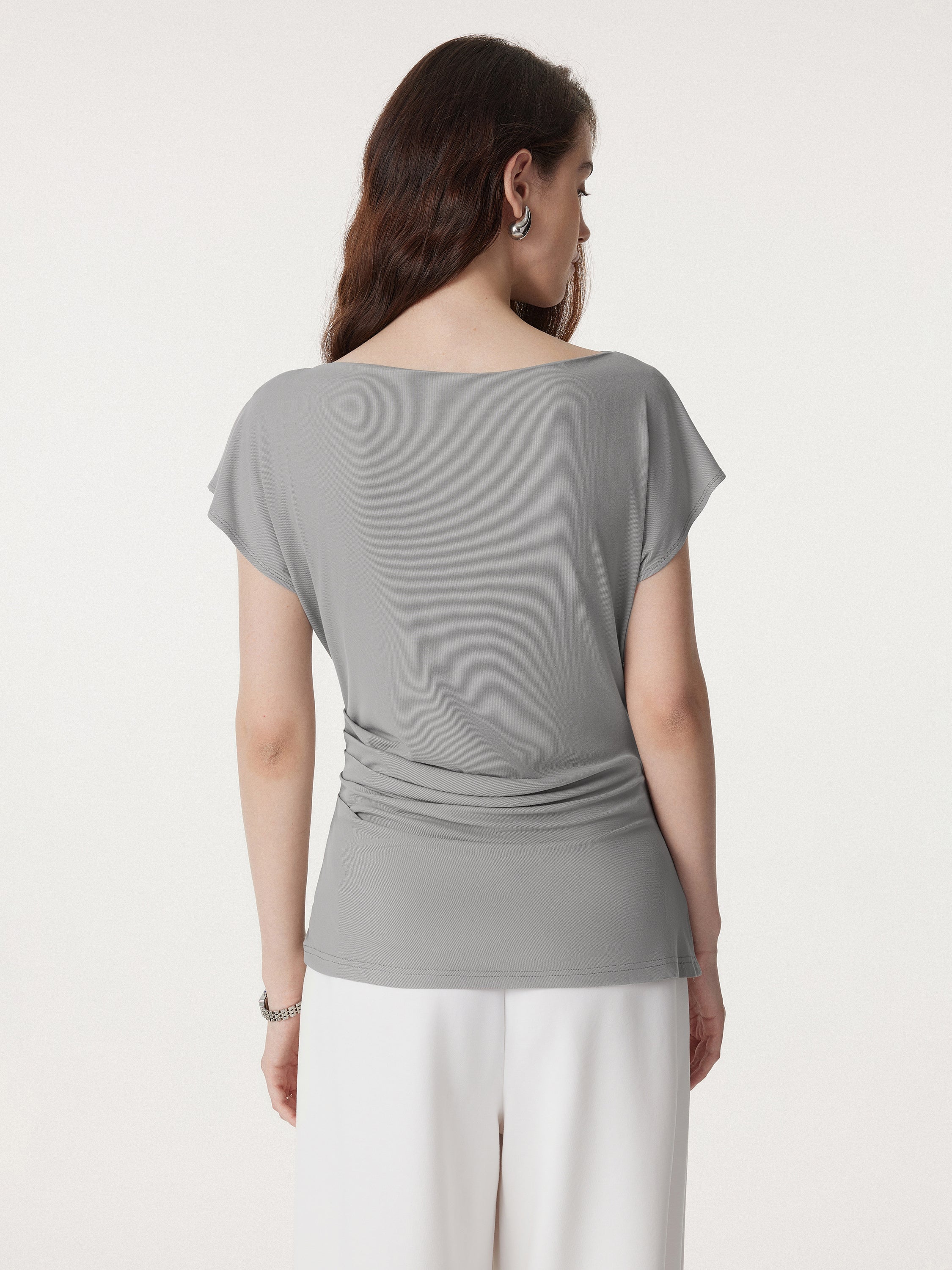 Boatneck Flutter Sleeve Side Tucked Long Tee