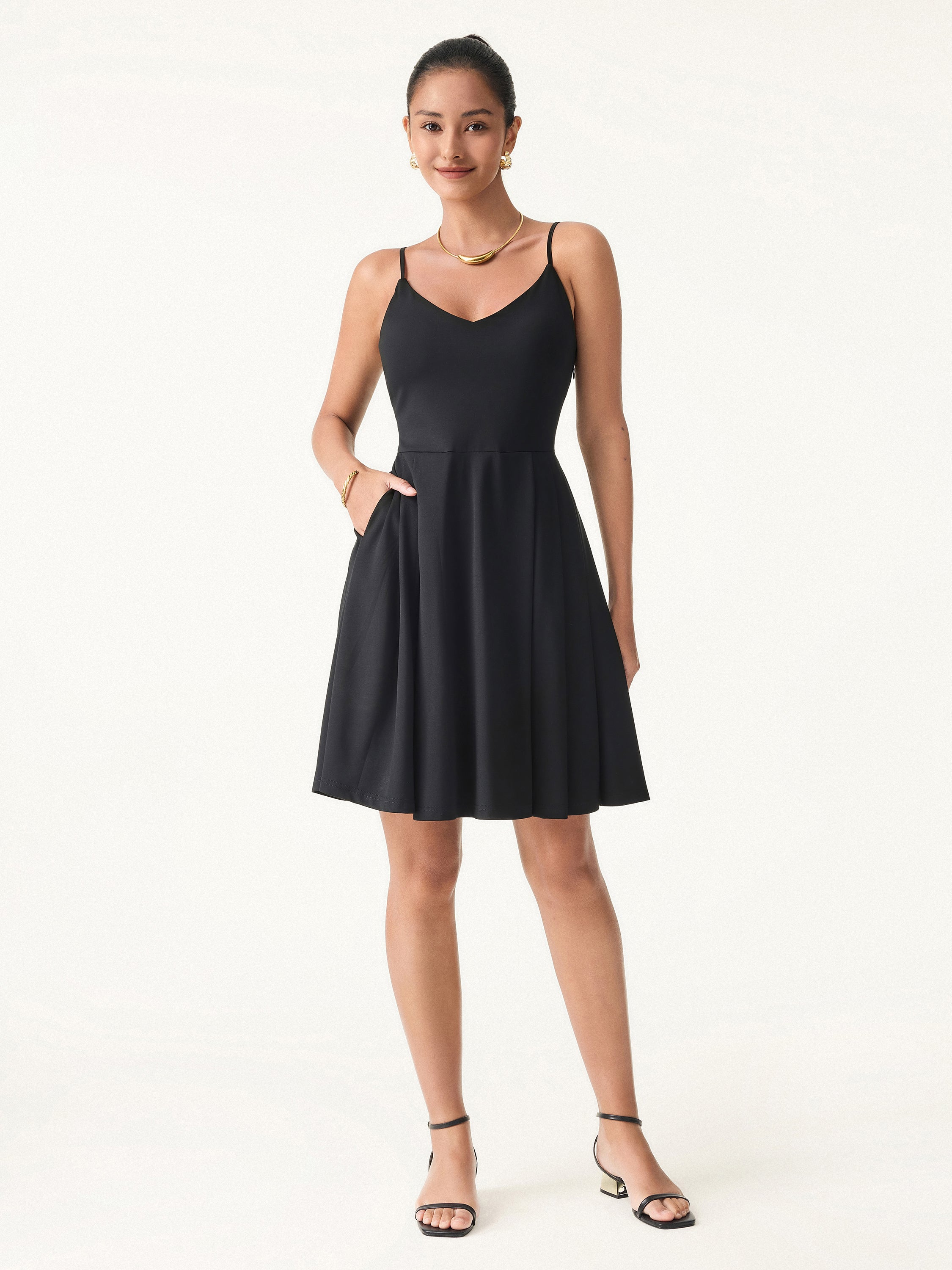 Bamboo Ponte V-neck Fit-and-flare Mini Brami Dress with Pockets