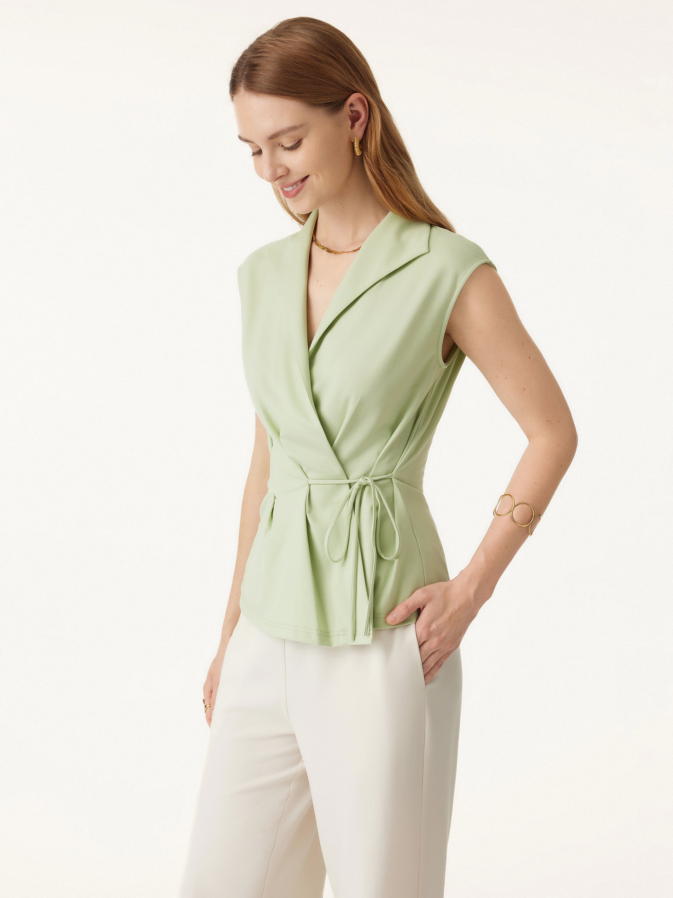 Icy Ponte Flap Collar Surplice Sleeveless Top with Drawstring Tie