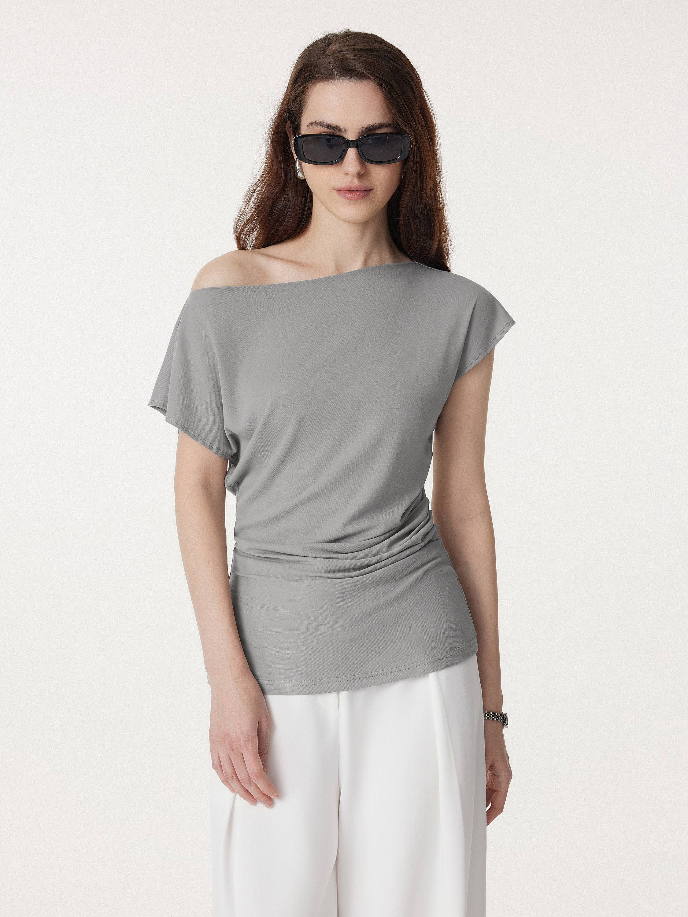 Boatneck Flutter Sleeve Side Tucked Long Tee
