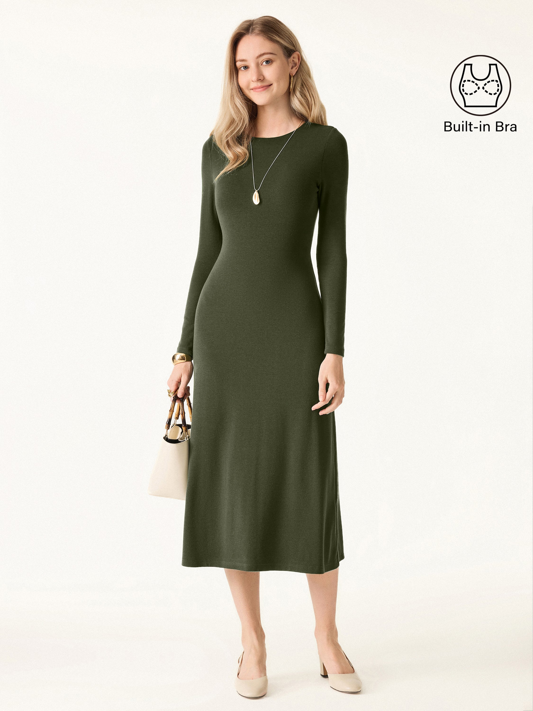 Essential Round Neck Long Sleeve Midi Brami Dress