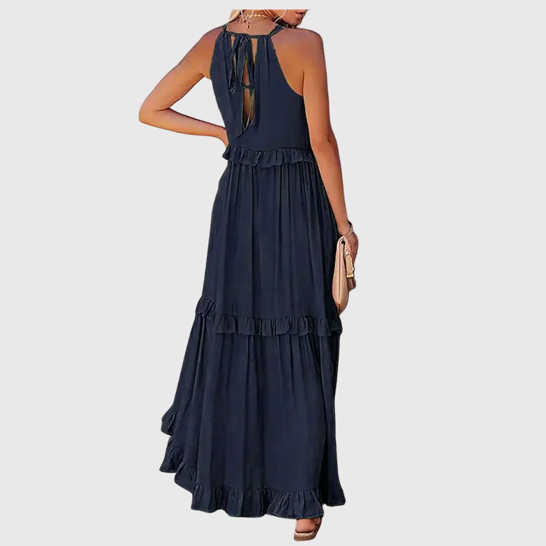 Daphne – Flowy Midi Dress with Soft Neckline Detail