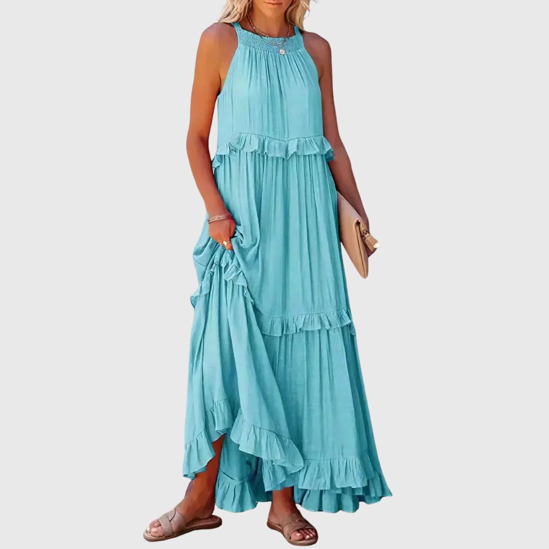 Daphne – Flowy Midi Dress with Soft Neckline Detail