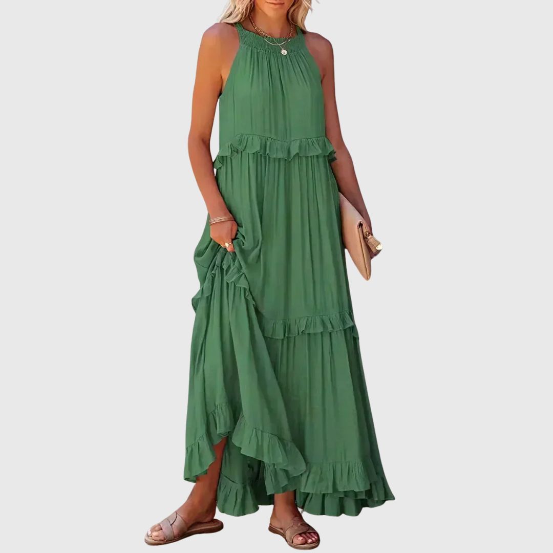 Daphne – Flowy Midi Dress with Soft Neckline Detail