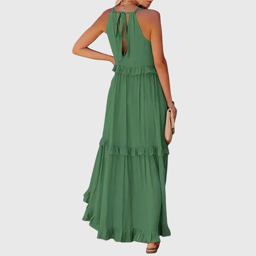 Daphne – Flowy Midi Dress with Soft Neckline Detail