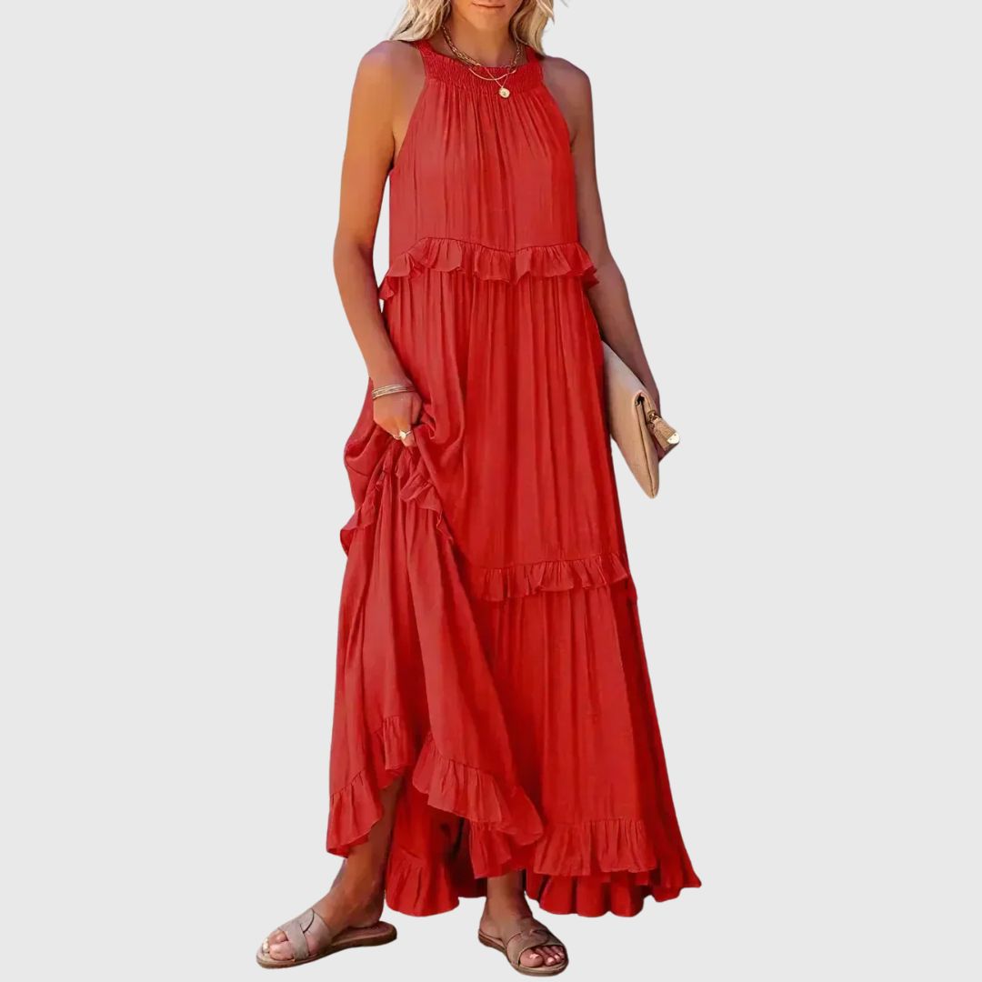Daphne – Flowy Midi Dress with Soft Neckline Detail
