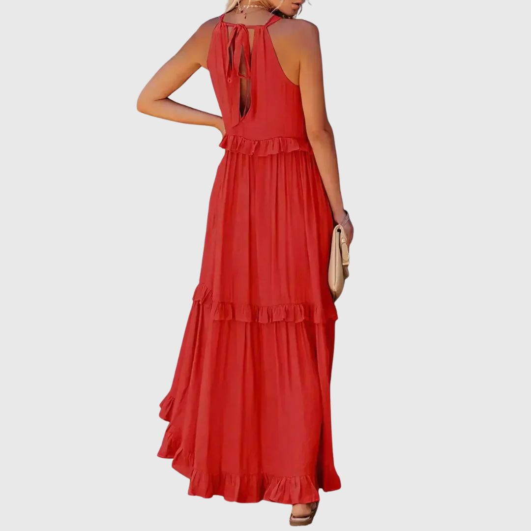 Daphne – Flowy Midi Dress with Soft Neckline Detail