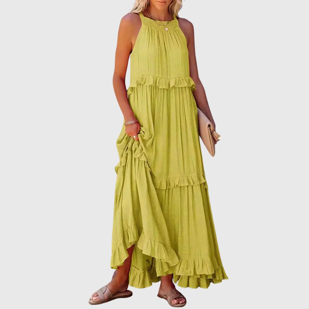 Daphne – Flowy Midi Dress with Soft Neckline Detail
