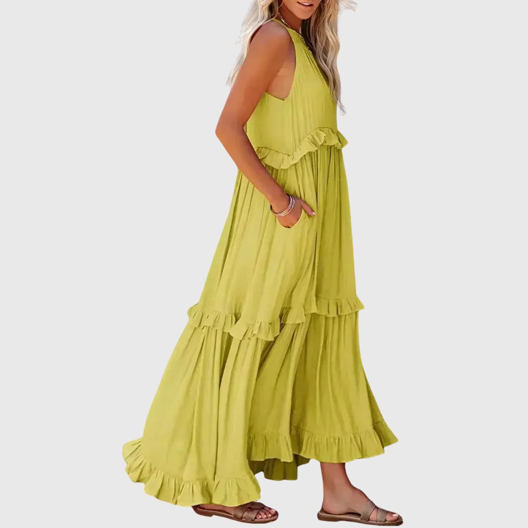 Daphne – Flowy Midi Dress with Soft Neckline Detail