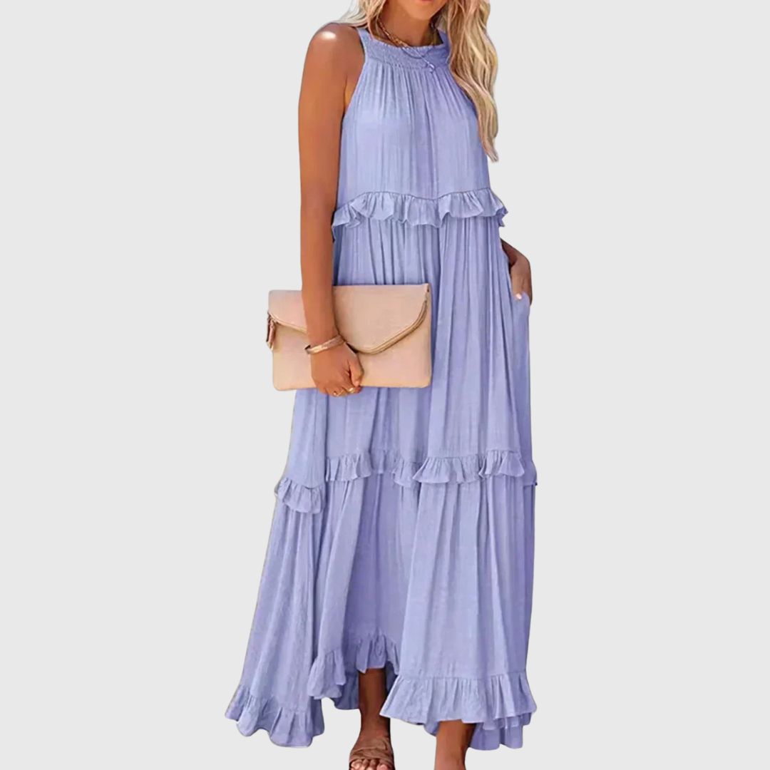 Daphne – Flowy Midi Dress with Soft Neckline Detail