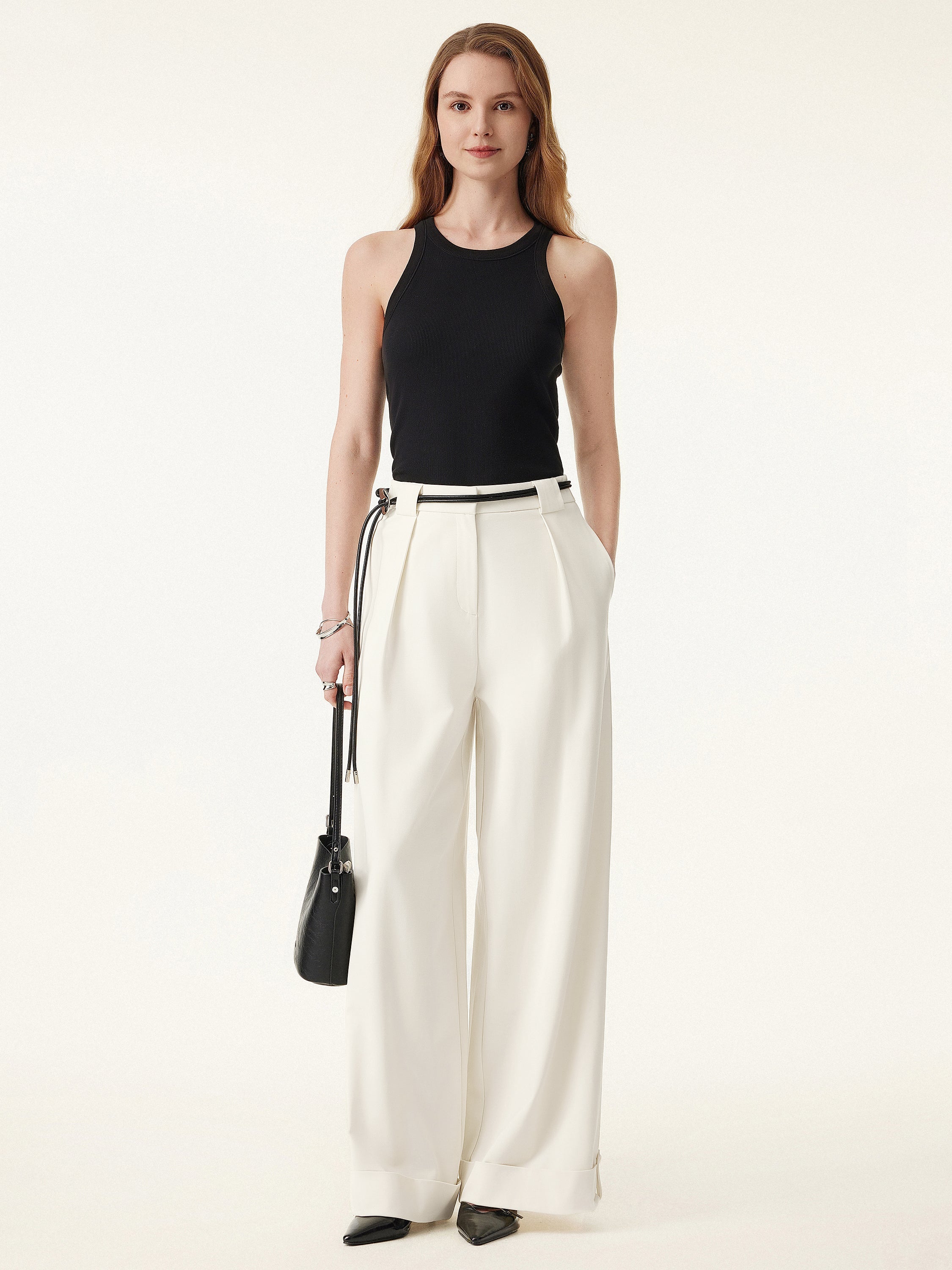 Bamboo Ponte Mid Rise Wide Leg Trouser with Fold-up Hem