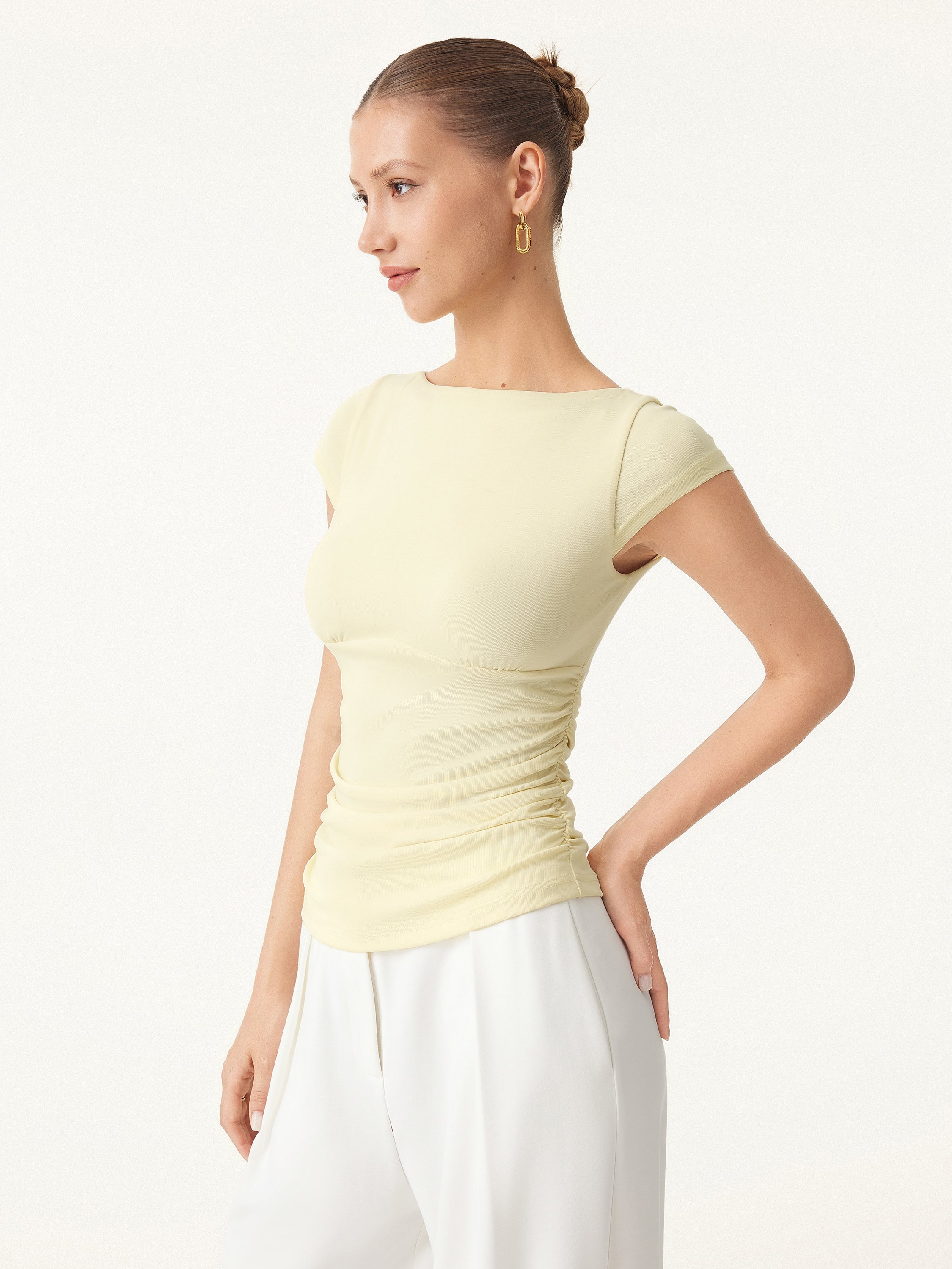 2Pcs Set Sandwashed Boatneck Cap Sleeve Brami & A-line Mini Skirt with Built-in Shorts
