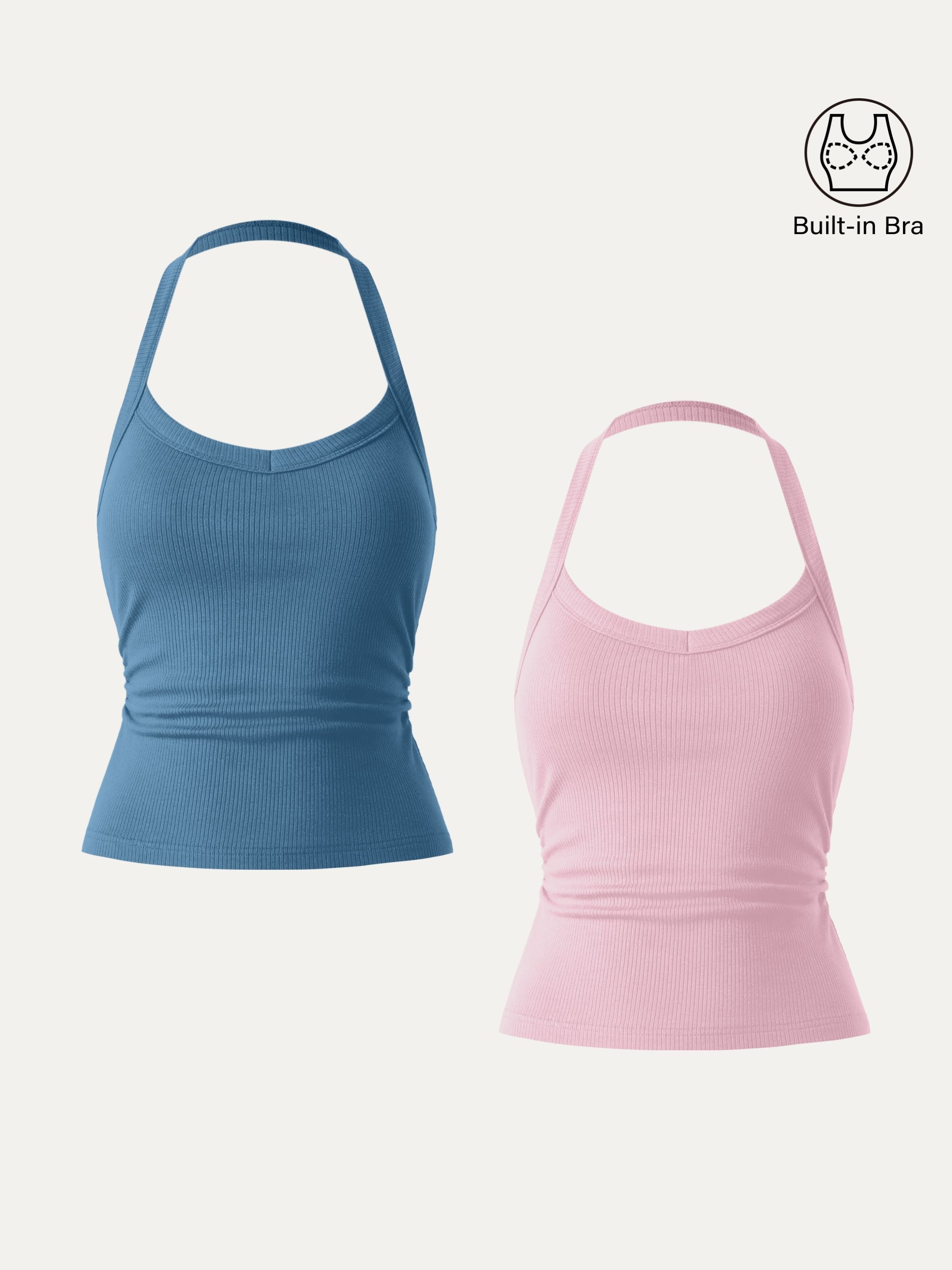 Halter Neck Side Ruched Ribbed Brami Tank