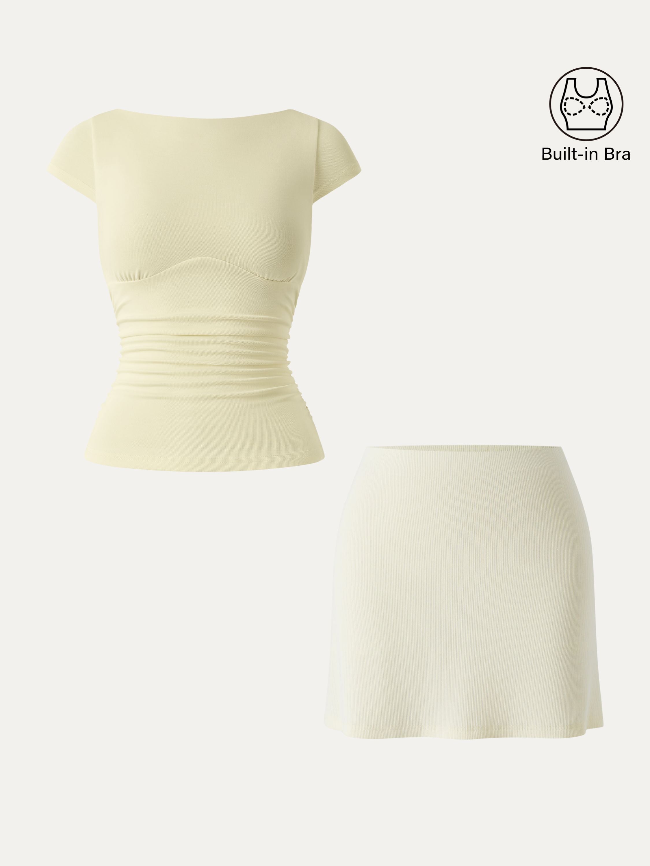 2Pcs Set Sandwashed Boatneck Cap Sleeve Brami & A-line Mini Skirt with Built-in Shorts