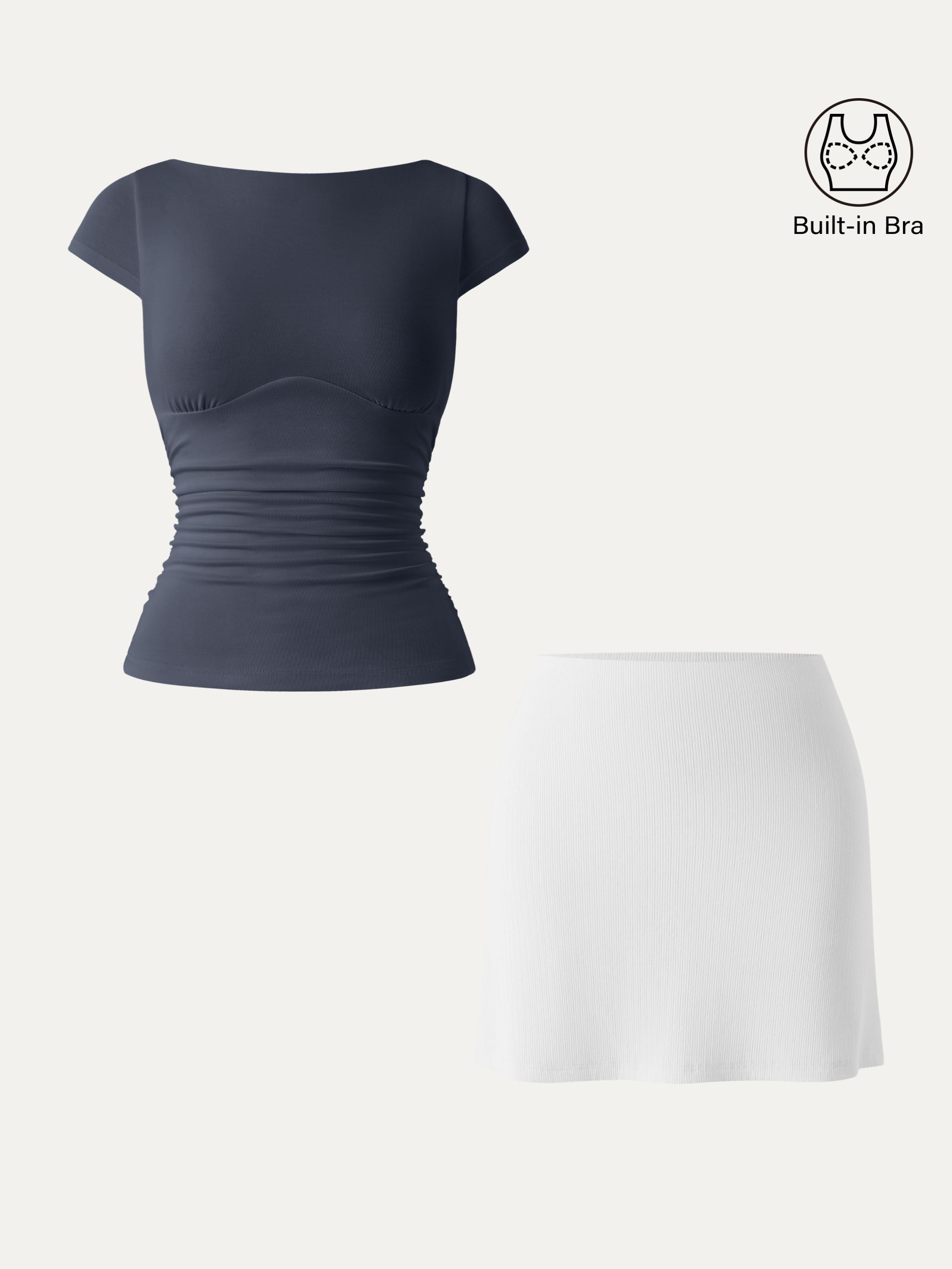 2Pcs Set Sandwashed Boatneck Cap Sleeve Brami & A-line Mini Skirt with Built-in Shorts