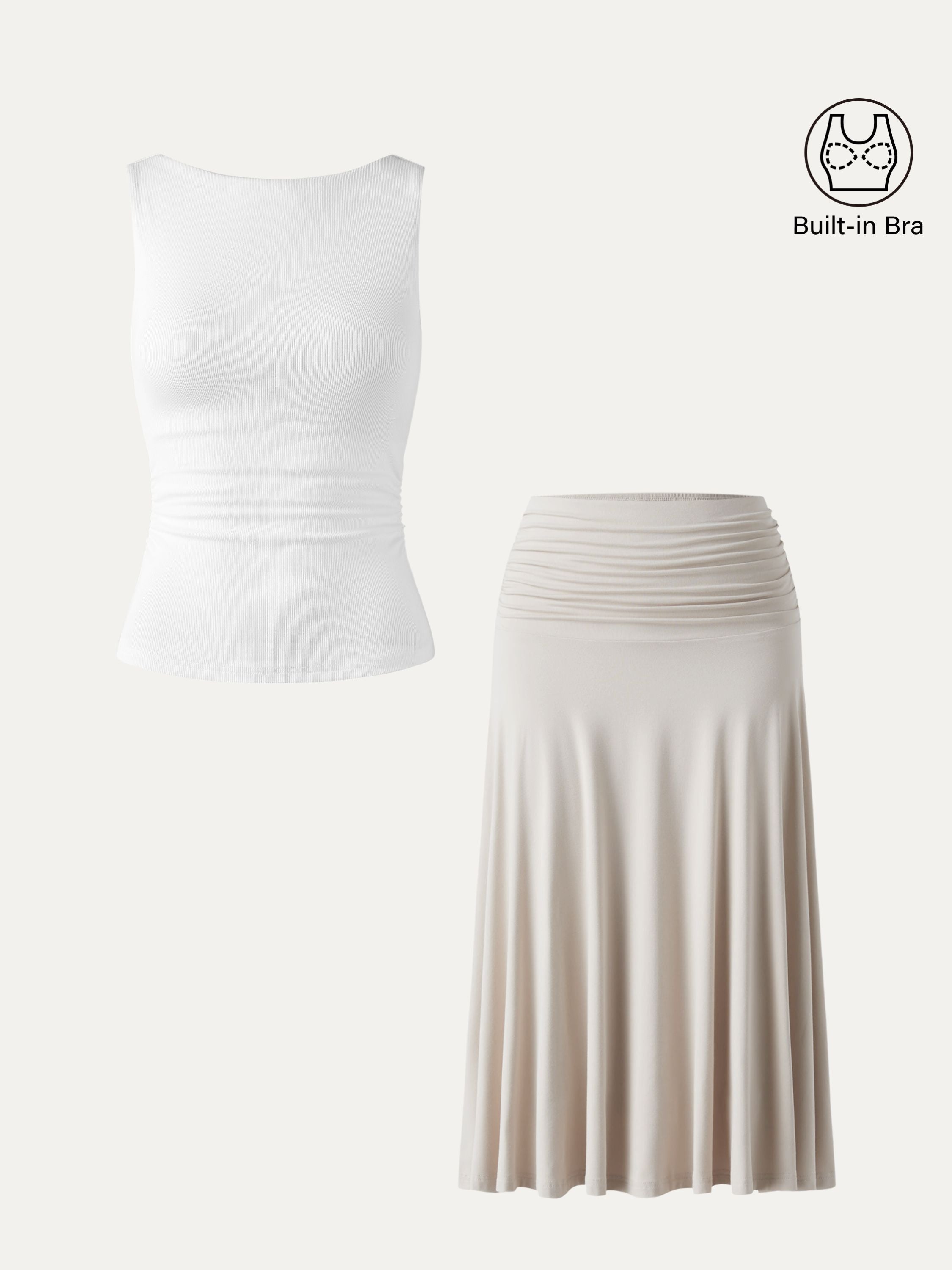 2Pcs Set Elastic Open Back Brami Tank & Flowy Side Ruched A-line Midi Skirt