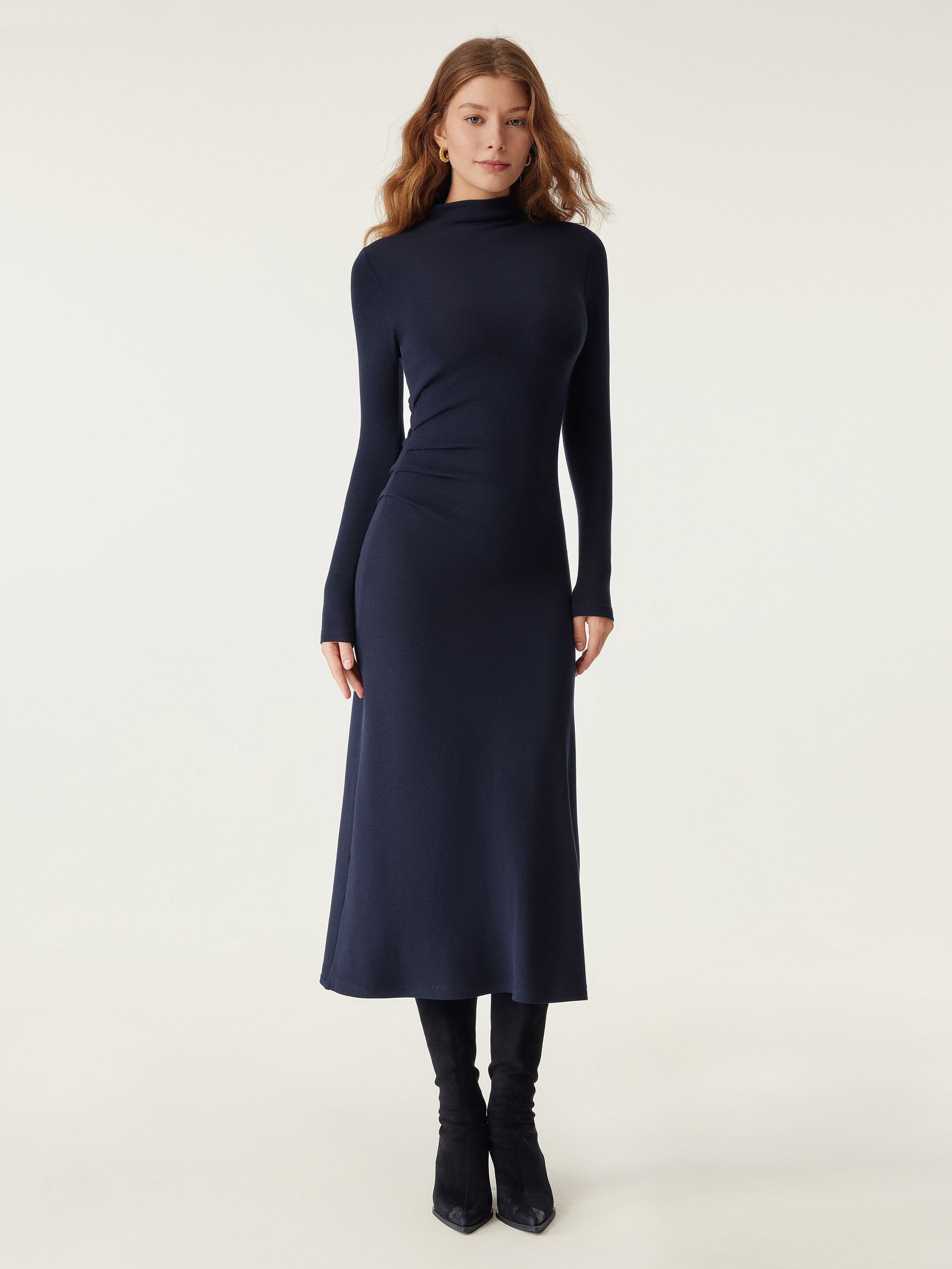 Heat-Tech Long Sleeves Mockneck Tucks Midi Dress