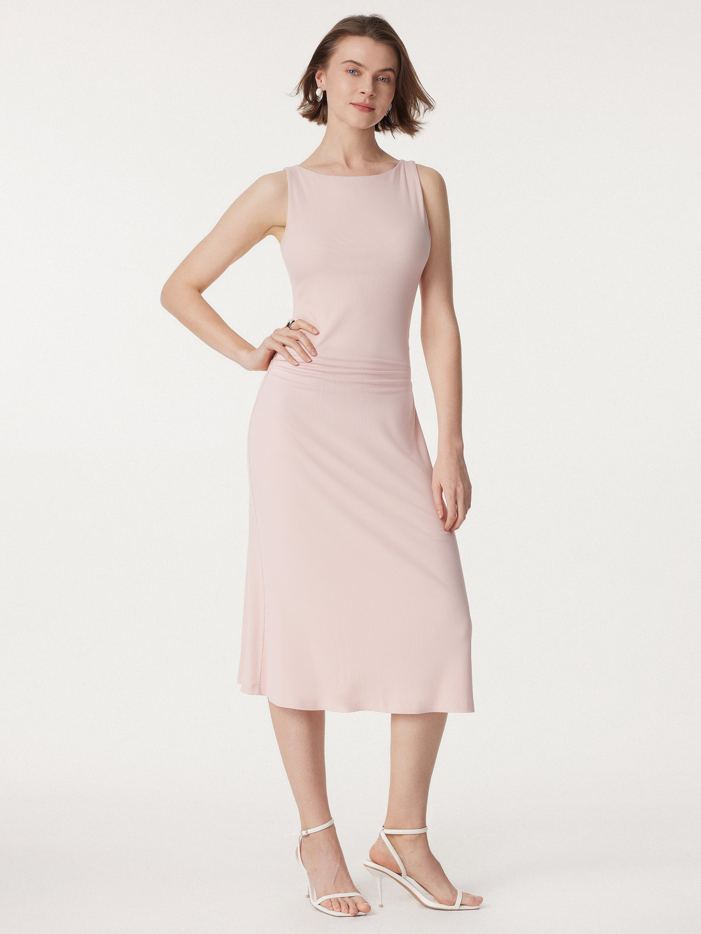 Boatneck Side Ruched New Airy Brami Midi Dress