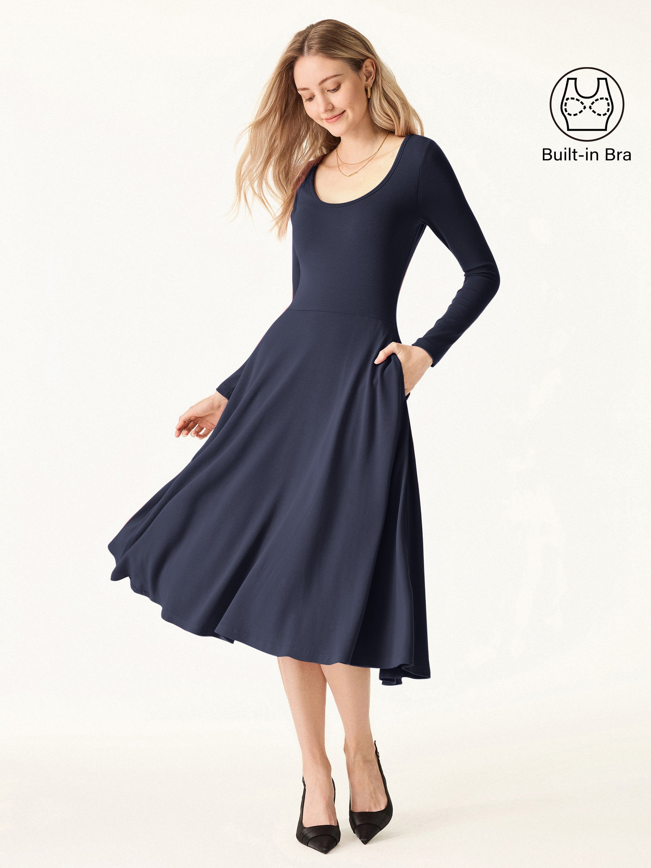 Essential Scoop Neck Long Sleeve Midi Brami Dress with Pockets