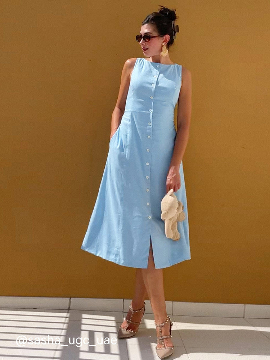 European Linen Waist-cinch Boatneck Button-up Midi Dress with Pockets