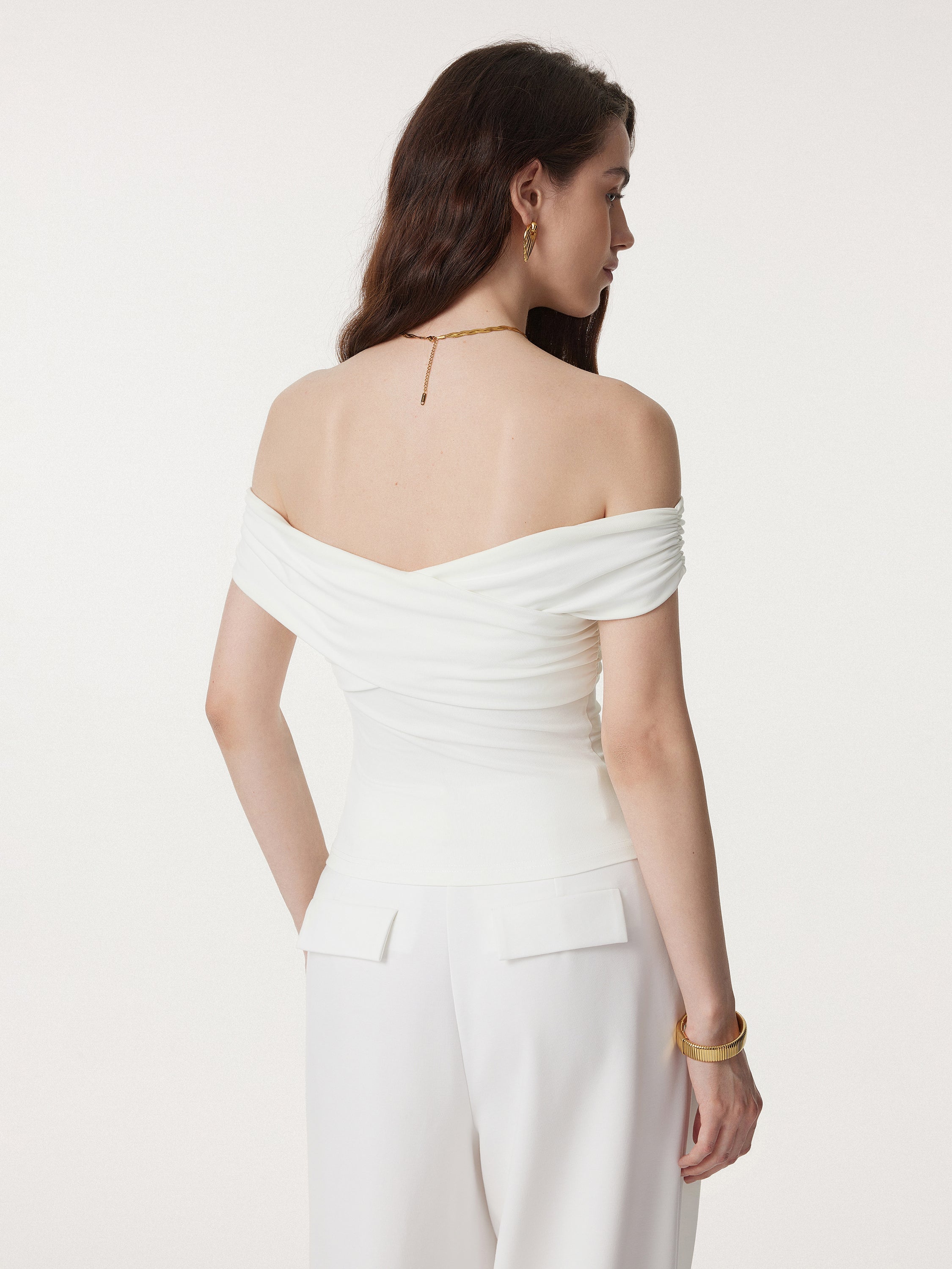 2Pcs Set Criss Cross Off Shoulder Brami & Mid Rise Pleated Trouser with Pockets